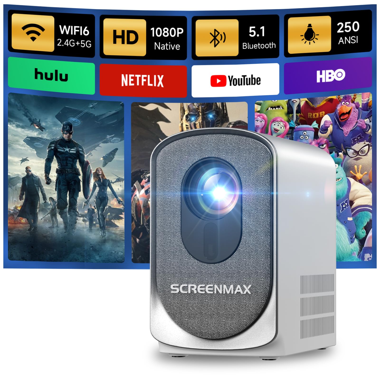 پروژکتور کوچک SCREENMAX C7 با وای فای و بلوتوث، 280 لومن ANSI، پشتیبانی از 1080P، سینمای قابل حمل برای استفاده در فضای باز و داخلی، نمایش 32-150 اینچ
