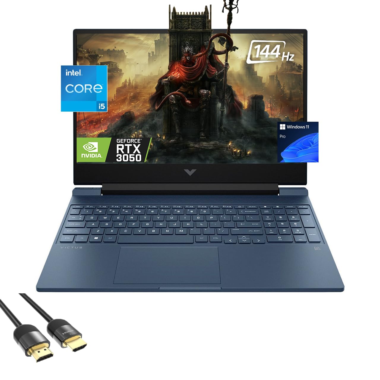 لپ تاپ بازی HP Victus، نمایشگر FHD 15.6 اینچی، نسل 12 اینتل کور i5 12450H 8 هسته‌ای (تا 4.40 گیگاهرتز)، GeForce RTX 3050، 16 گیگابایت رم، 1 ترابایت PCle 4.0، صفحه کلید دار با نور پس زمینه، پد عددی، WiFi 6، RJ45، USB-C، کابل HDMI PDG، ویندوز 11 Pro