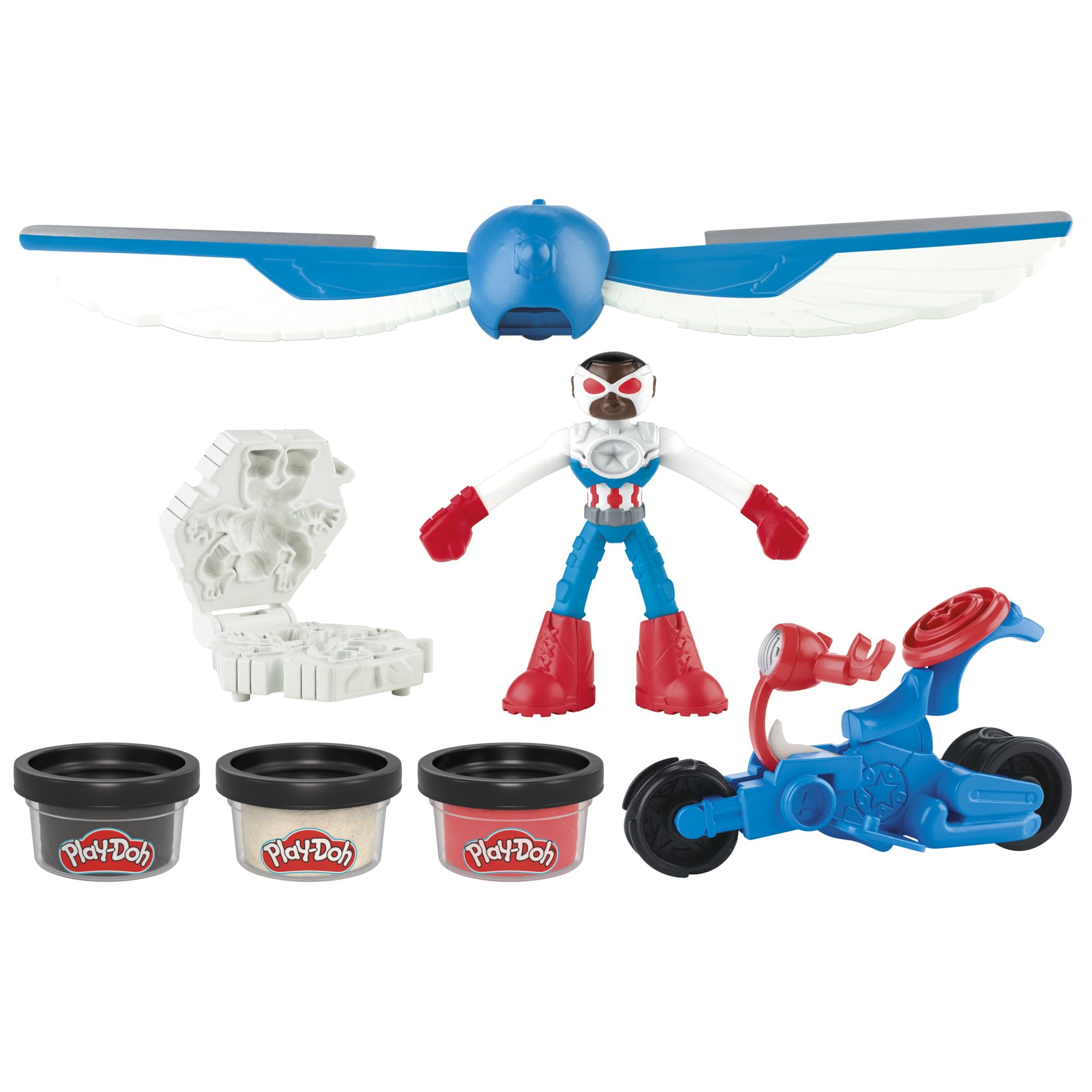 مجموعه بازی Play-Doh Marvel Captain America Moto-Slicer با عمل پیچانده شونده، عروسک اکشن فیگور، 3 لوازم جانبی، اسباب بازی تخیلی برای کودکان 4 سال به بالا