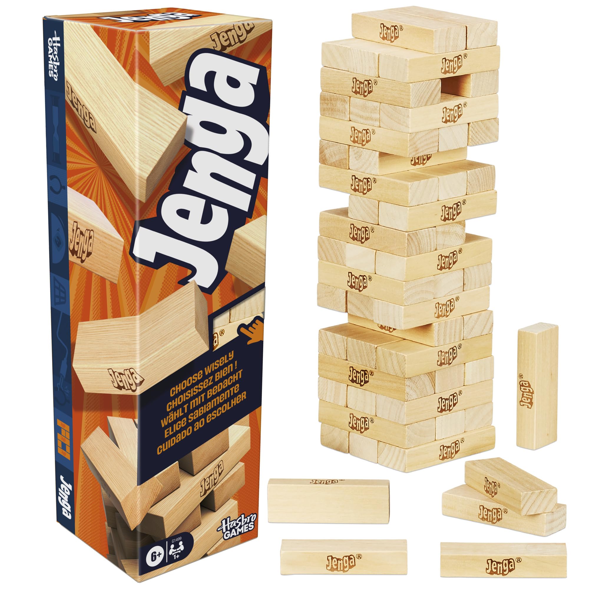 بازی رسمی Jenga از Hasbro | تاس دیجیتال برای ایجاد 6 روش دیگر برای بازی | بازی بلوک چوبی اصلی | برج سازی | مناسب برای سن 6 سال به بالا | برای 1 نفر یا بیشتر | بازی‌های جشن بهترین Jenga جدید