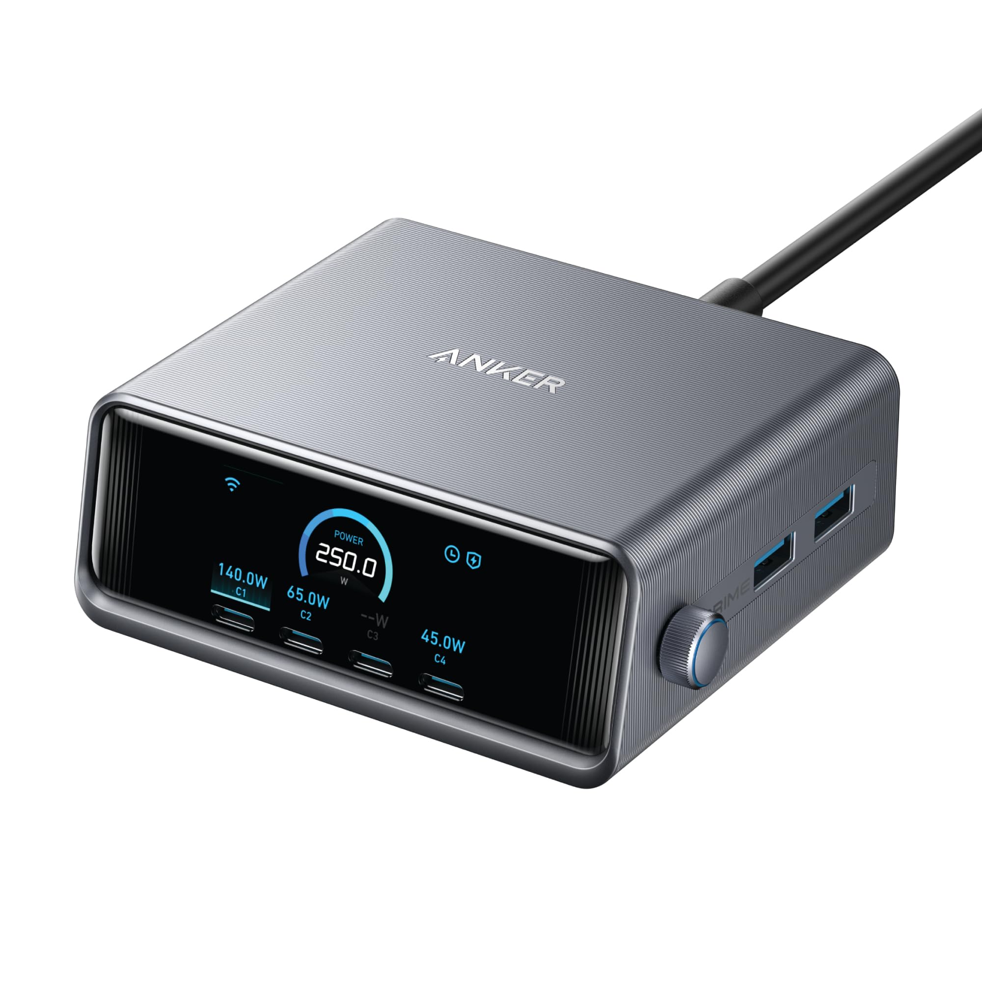 Anker Prime 250W شارژر USB C، ایستگاه شارژ GaN با 6 پورت فوق العاده سریع، نمایشگر LCD 2.26 اینچ و دیال کنترل هوشمند، سازگار با MacBook Pro/Air، iPhone 16/15/14، Huawei، Samsung S25/S24، iPad