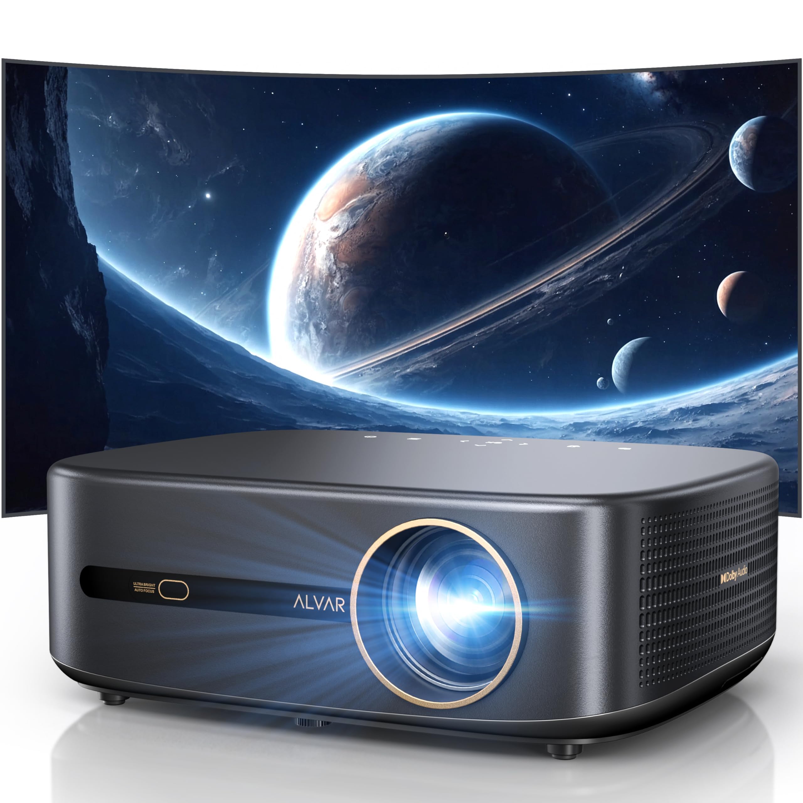 آلور 4K پروژکتور با وای فای 6 و بلوتوث، نتفلیکس Certified & Dolby Audio، فوکوس خودکار و کی‌استون خودکار پروژکتور هوشمند Native 1080P با HDR10 +، بلندگوهای 30 وات، سیاه