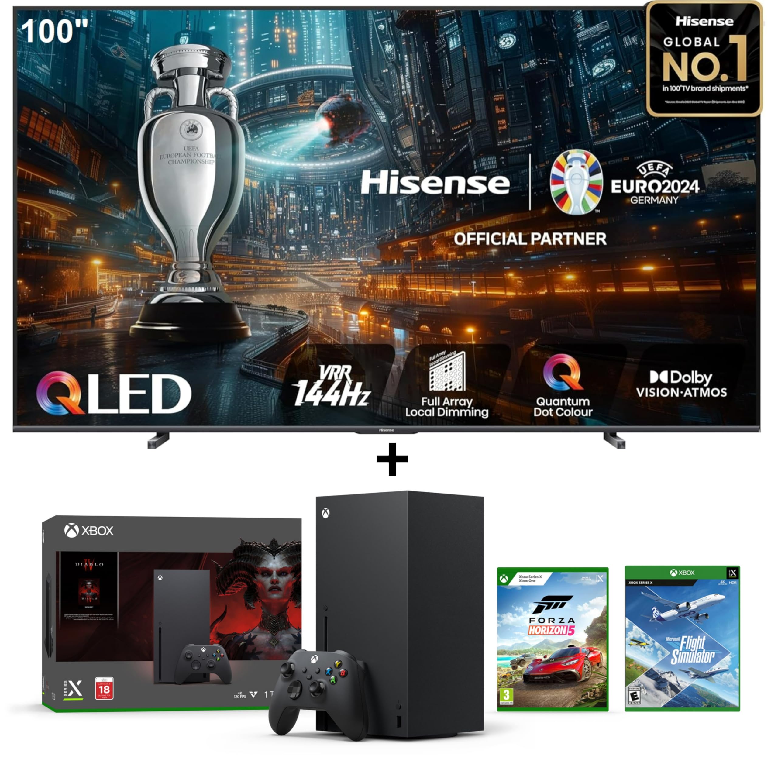 بسته Hisense 100E7N PRO X-BOX Series X - تلویزیون ۱۰۰ اینچی ۱۴۴Hz VRR QLED با Dolby Vision*Atmos به همراه X-BOX شامل Diablo IV DLC و شبیه‌ساز نور، ۱ سال شاهد، ۳ سال ضمانت برند. سری E7 ۱۰۰ اینچی X-BOX Series X ۴K QLED