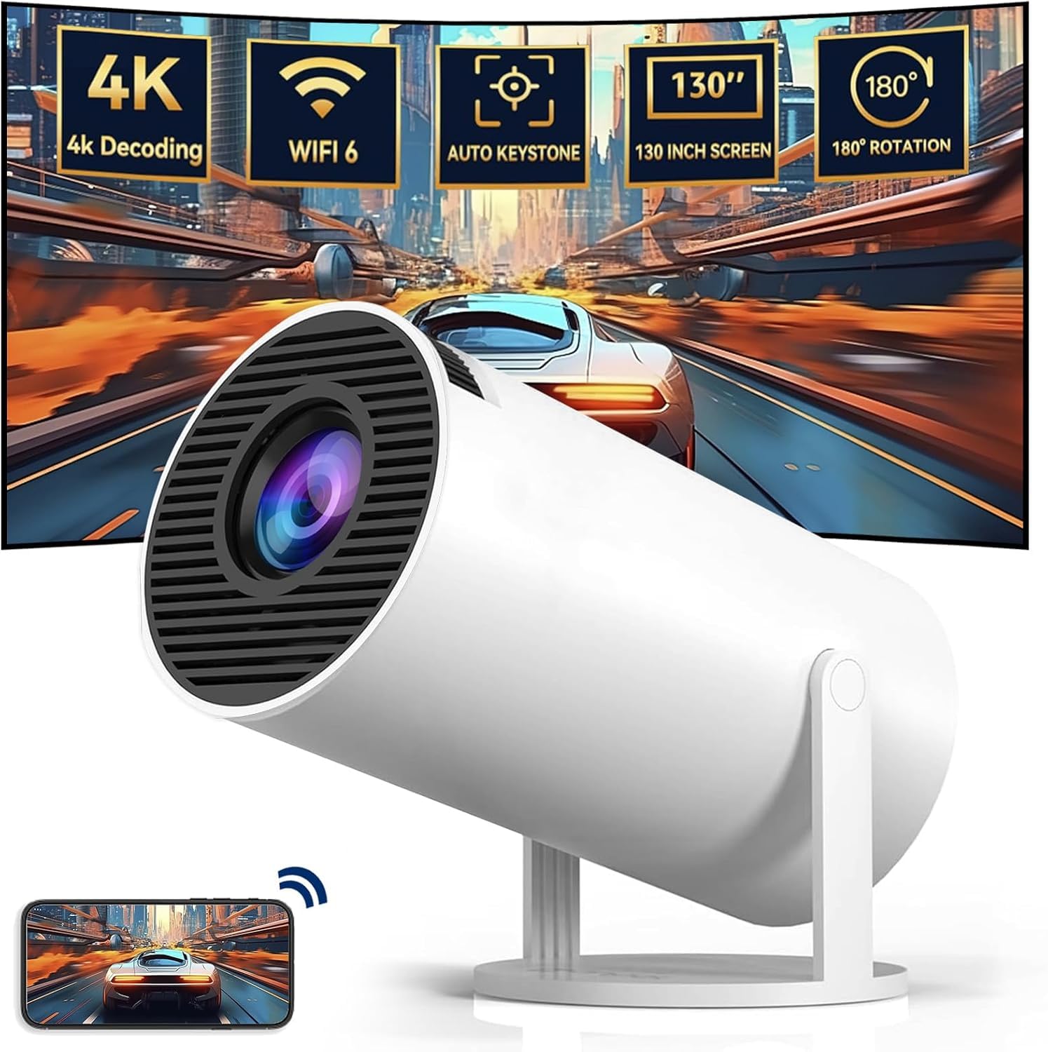 پروژکتور قابل حمل UCMDA Mini 4K - 200 ANSI با وای فای ۶، بلوتوث 5.0،  130 اینچ، پروژکتور ویدئو با چرخش ۱۸۰ درجه و کی‌استون خودکار