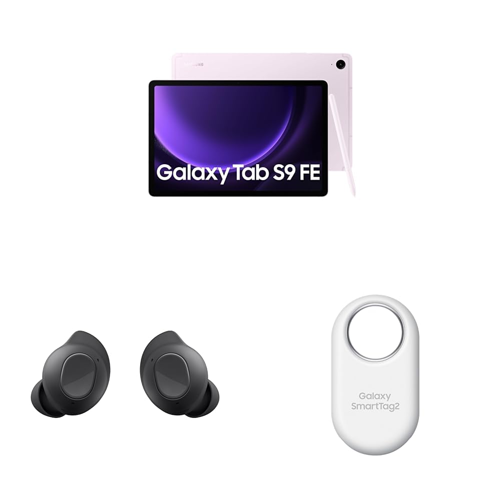 Samsung Galaxy Tab S9 FE 10.9 اینچی، تبلت WiFi AI، 256 گیگابایت، S Pen همراه، بنفش (نسخه امارات) + سامسونگ Galaxy Buds FE، بی‌سیم، همراه کیس شارژ، گرافیت + سامسونگ Galaxy SmartTag2، سفید بنفش 8 گیگابایت|256 گیگابایت، مجموعه Prime Day نسخه امارات WiFi