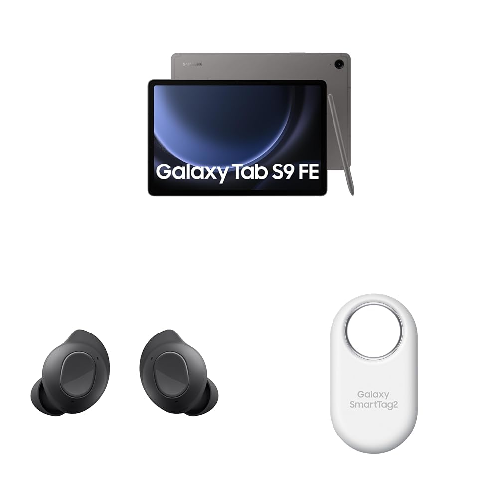 Samsung Galaxy Tab S9 FE با صفحه نمایش 10.9 اینچ، تبلت هوش مصنوعی وای فای، ۲۵۶ گیگابایت، قلم S پنگارود (نسخه امارات) +  هندزفری بی سیم Samsung Galaxy Buds FE، با قاب شارژ، گرافیت، تگ هوشمند Samsung Galaxy SmartTag 2، سفید گری ۸ گیگابایت | ۲۵۶ گیگابایت باندل روز پرایم نسخه وای فای امارات联合تِّابایْتِِگانه