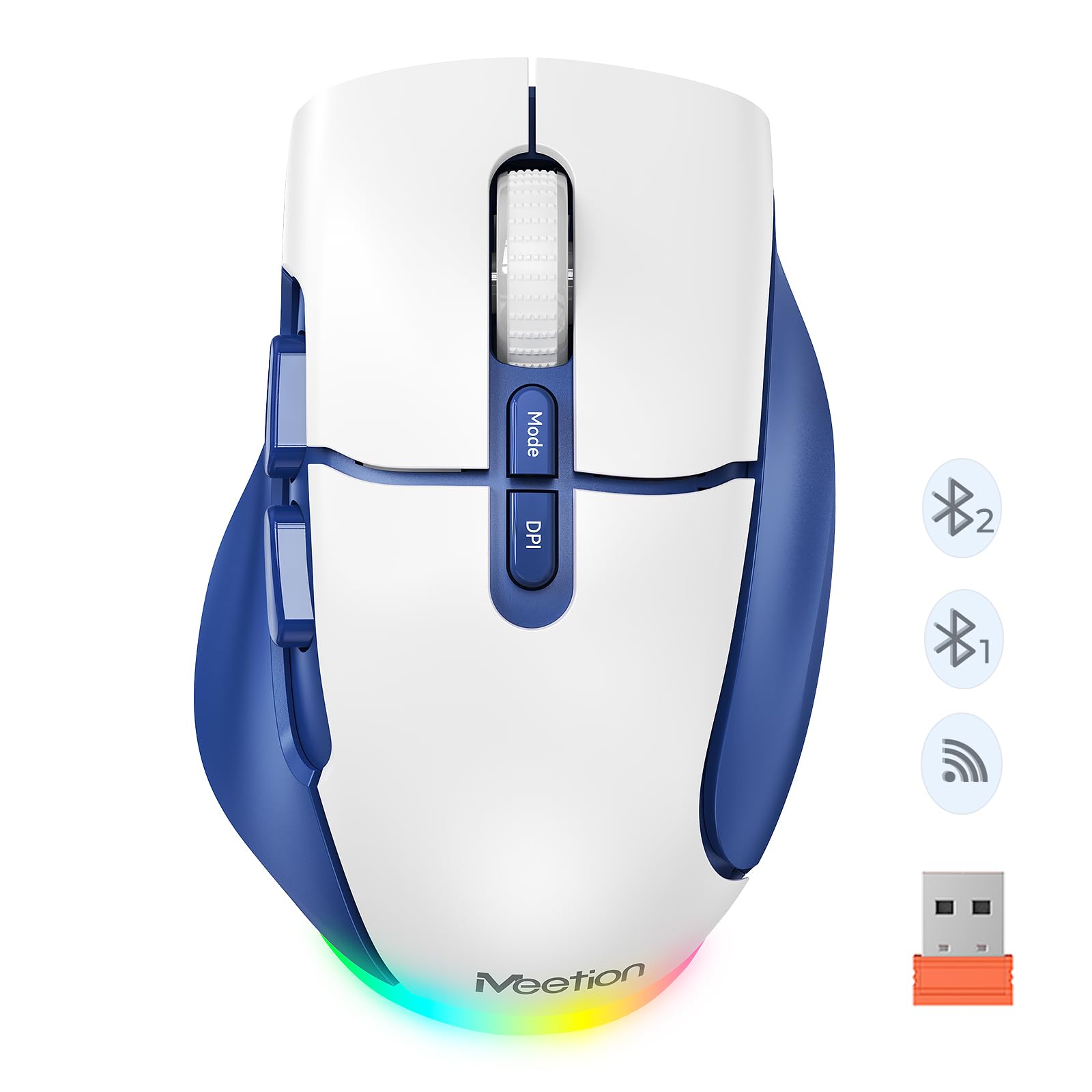 ماوس بی‌سیم MEETION برای لپ تاپ، اتصال USB و بلوتوث، DPI قابل تنظیم 4، شارژ مجدد، ماوس ارگونومی برای لپ تاپ، آیپد، سازگار با ویندوز، مک، اندروید، آی‌اواس، آبی سفید سفید آبی بی‌تی و یواس‌بی