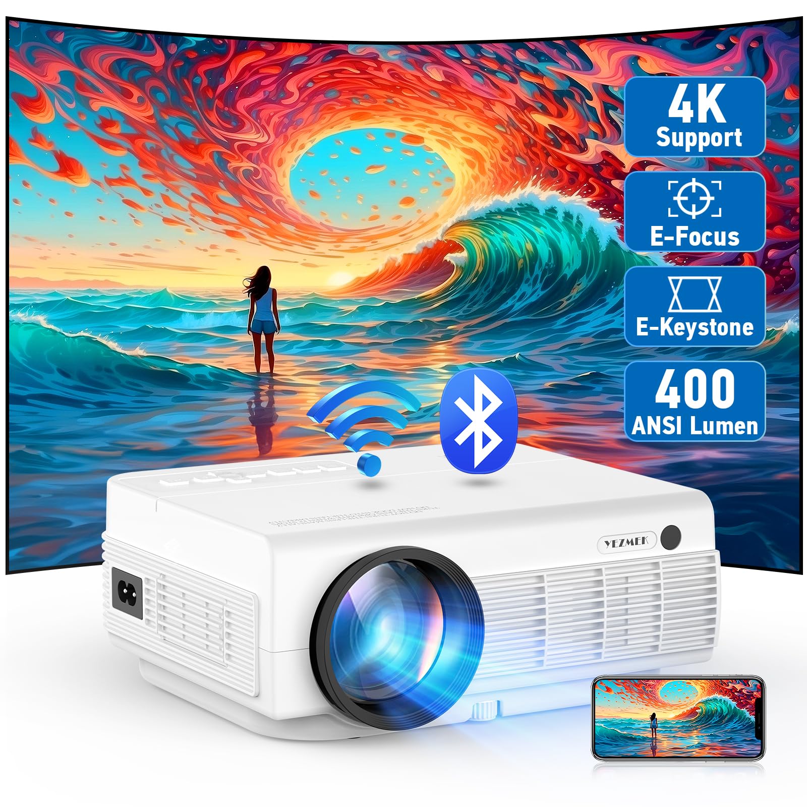 پروژکتور با وای فای و بلوتوث [فوکوس الکتریکی و کی‌استون] پشتیبانی از 4K، 1080P اصلی 16000 لوکس 5G پرتابل کوچک مینی برای استفاده خارج از منزل قابل اتصال به تی وی استیک، تلفن همراه، لپ تاپ، HDMI، USB