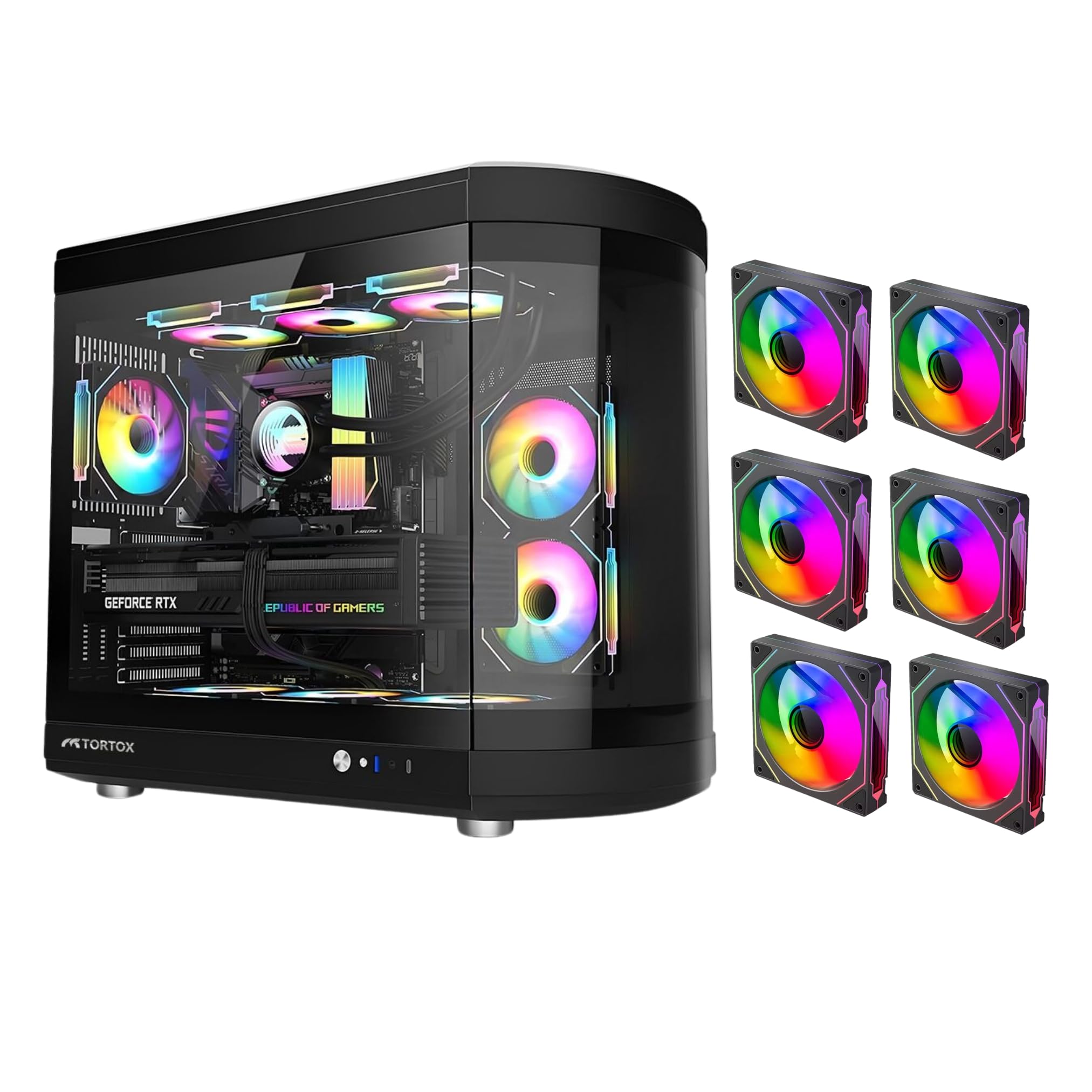 کیس بازی Tortox Vidrio با شیشه تمبر به شکل منحنی ATX/M-ATX/Mini-ITX، 6 فن ARGB PWM نصب شده، پورت USB نوع C، پشتیبانی از رادیاتور 360 میلی‌متر، کیس بازی با جریان هوای عالی (سیاه)