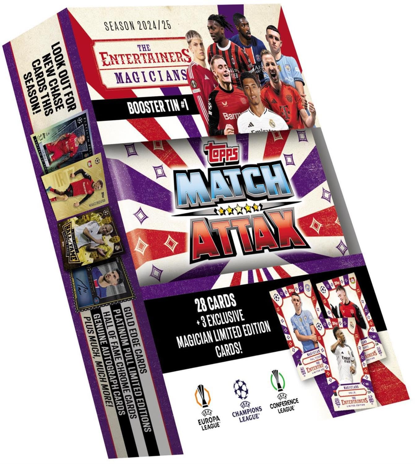 کیف افزایش دهنده Topps Match Attax 24/25 - Magicians - شامل 28 کارت Match Attax به علاوه 3 کارت اختصاصی 'جادوگر' - Phil Foden، Florian Wirtz و Vini Jr! Magicians Booste Tin