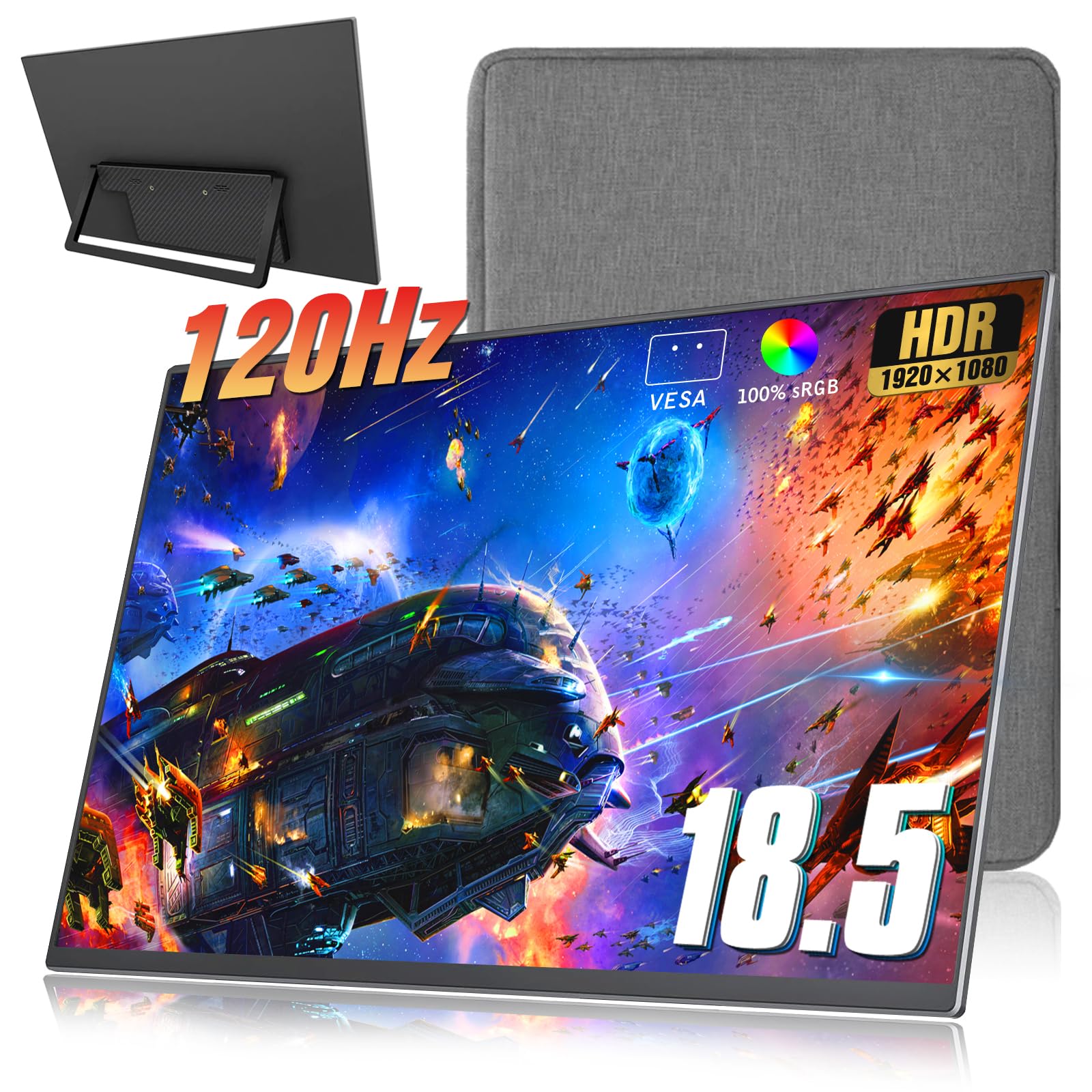 صفحه نمایش قابل حمل 18.5 اینچ Motyeowe + کاور 120Hz 1080P ، 100٪ sRGB FHD HDR USB HDMI با VESA اولترا اسلیم قابل حمل لپ تاپ دفتر کار ، برای کامپیوتر سوییچ تلفن بازی دستگاه ها 18.5 اینچ + کاور