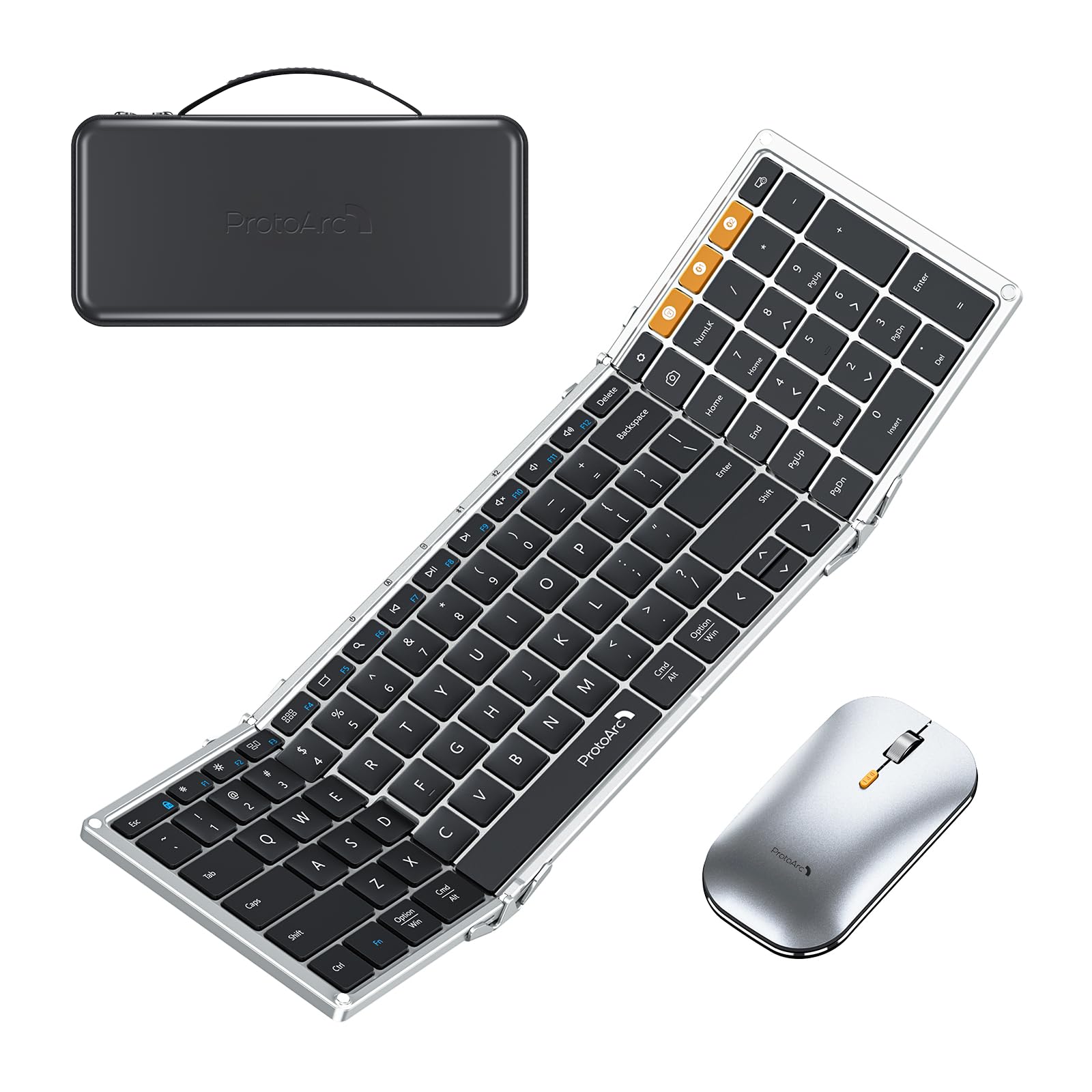 ProtoArc - Keyboard و Mouse قابل‌تاشو، XKM01 True Full Size Foldable Keyboard Mouse Combo for کار و سفر، 2.4G + دوگانه بلوتوث قابل حمل Mouse Keyboard برای لپ تاپ آیپد تبلت، مشکی نقره‌ای