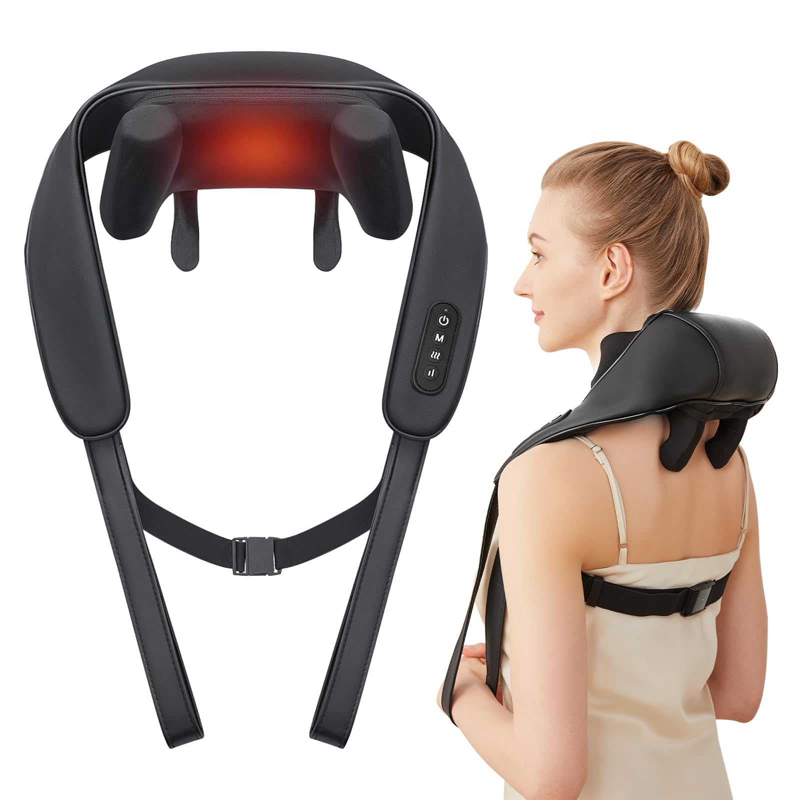 کردلس ماساژور گردن و شانه PERLEVI با حرارت آرامبخش، بهبود یافته 6D تیشو دیپ تیشو کنید، ماساژور پشت شیاتسو برای گردن، تراپس، پشت، هدایا برای مردان و زنان مادر پدر سیاه