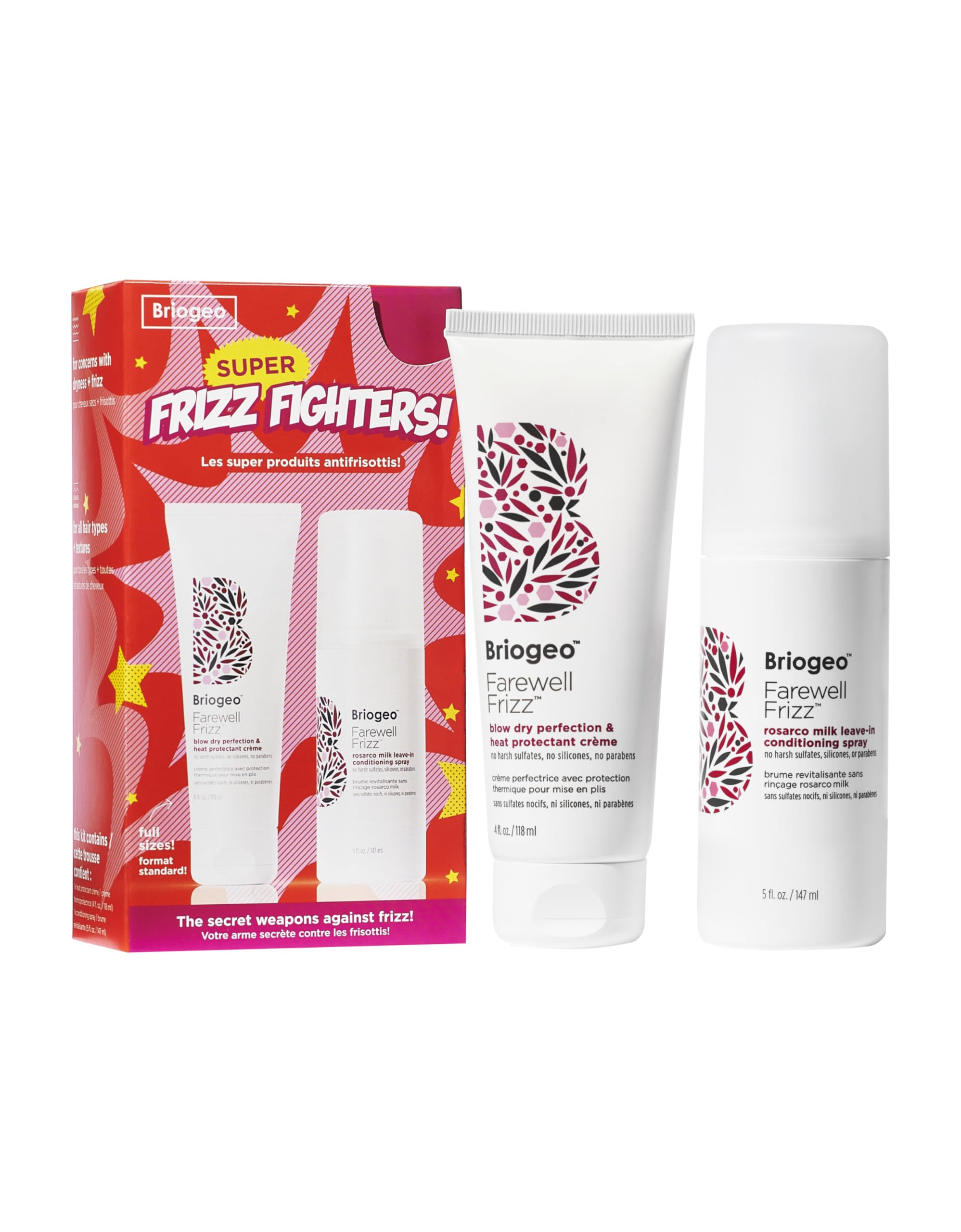 سری هدیه Briogeo Farewell Frizz Super Frizz Fighters، شامل کرم خشک کن 4 اونس و اسپری کننده مو 5 اونس (ارزش $51)، سفید