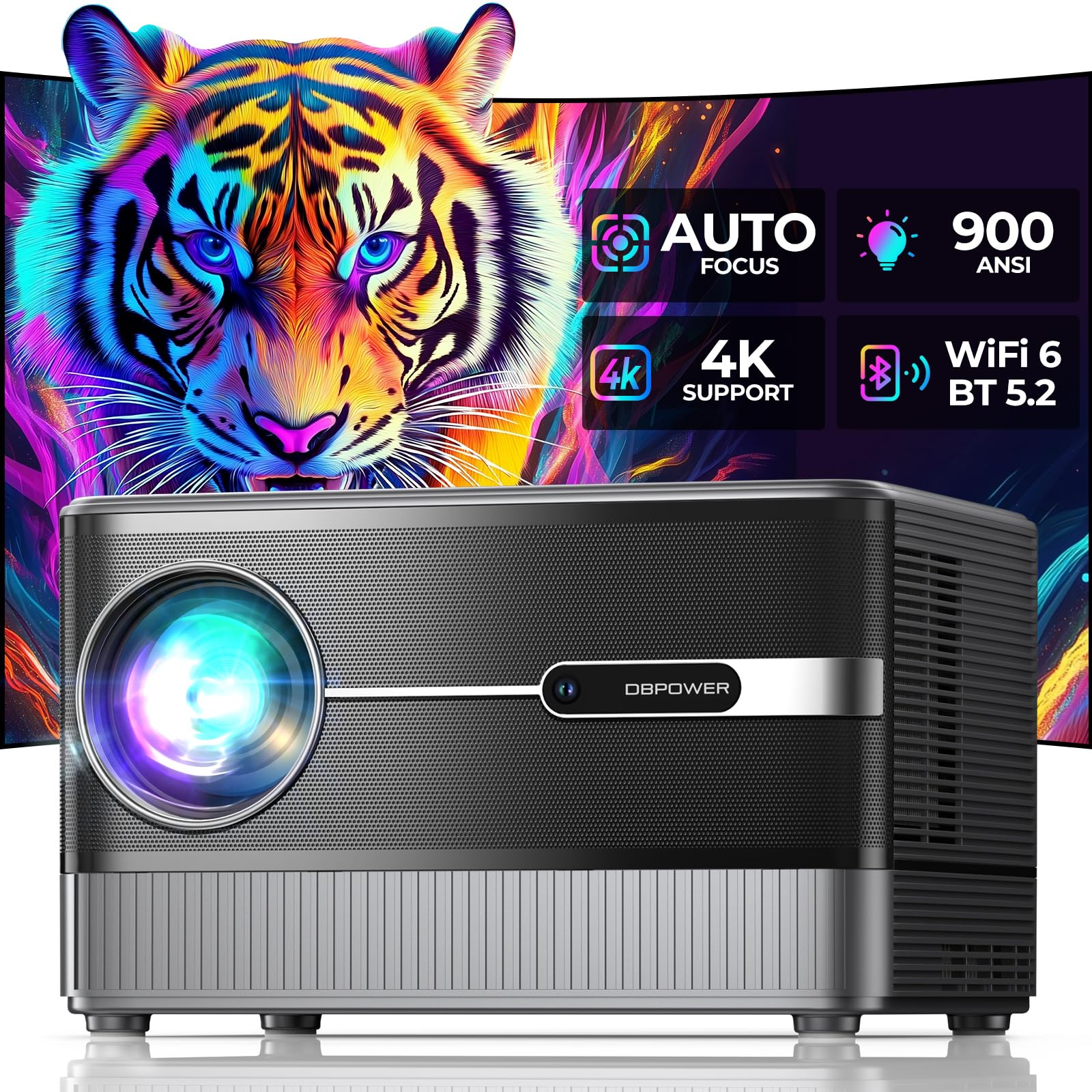 پروژکتور فضای باز DBPOWER با فوکوس خودکار / صفحه نمایش LCD 5 اینچی، کیفیت تصویر 4K با وای فای 6 و بلوتوث، 900 ANSL نیتیو 1080P پرتابل، کی‌استون و زوم خودکار، موتور محکم شده، پروژکتور فیلم برای دستگاه‌های iOS / Android / TV Stick رنگ سیاه