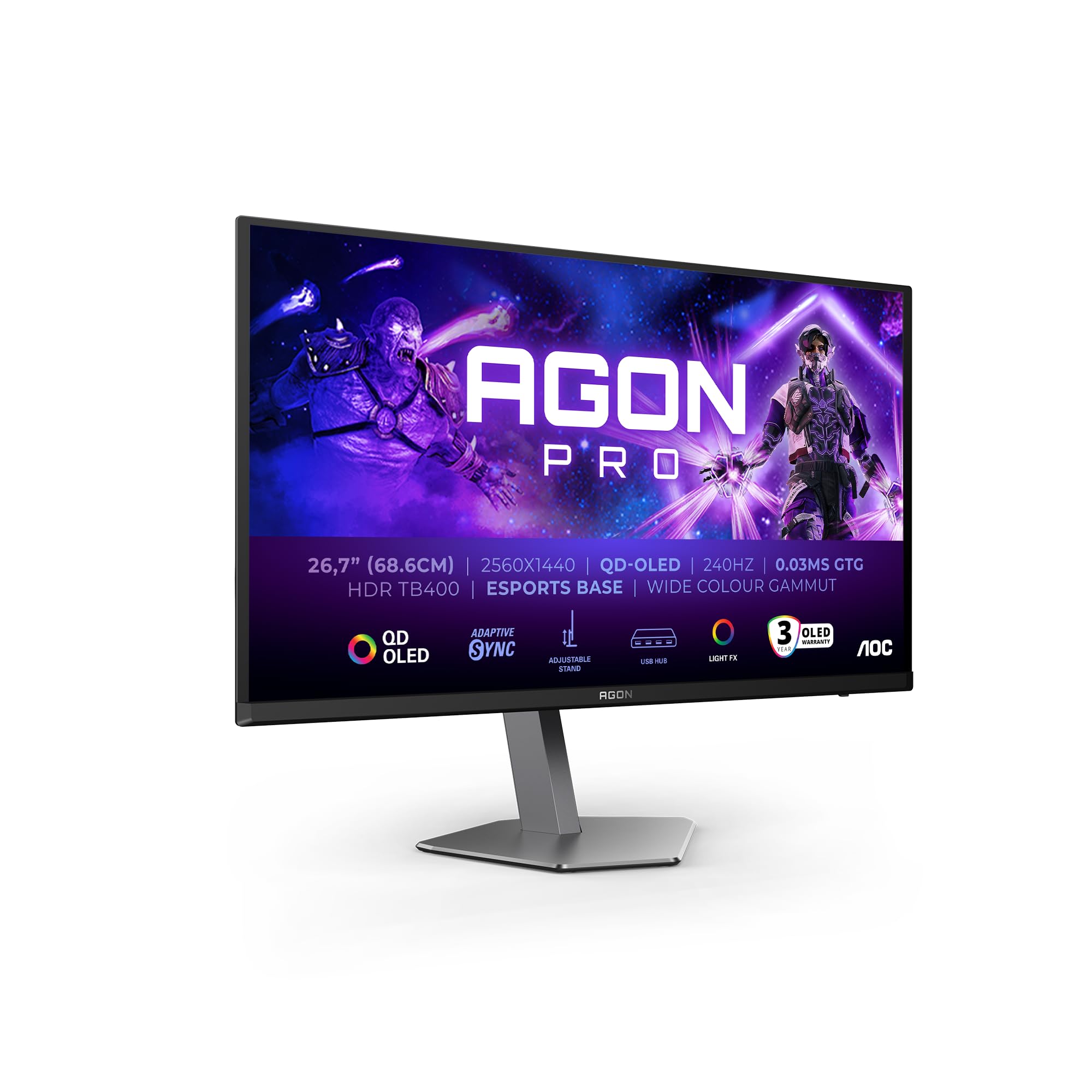 صفحه نمایش OLED نسل جدید AOC Agon Pro AG276QZD2-27 اینچ، رزولوشن QHD، فرکانس تازه‌سازی 240 هرتز، زمان پاسخ‌دهی 0.03 میلی‌ثانیه، فناوری FreeSync Premium Pro، هماهنگی با G-Sync، HDR400 (2560x1440، دارای 2 پورت HDMI 2.1، DisplayPort، USB Hub) رنگ مشکی، دارای HDR400، اندازه 27 اینچ، دارای پورت HDMI و فرکانس تازه‌سازی 240 هرتز