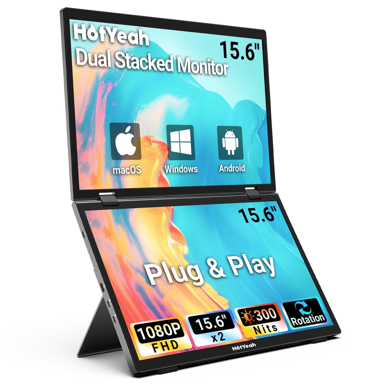 تمدید صفحه نمایش لپ تاپ سه‌گانه HotYeah، مانیتور دوگانه 15.6 اینچی (ویندوز/مک)، USB-C HDMI 1080P IPS، پلاگ اند پلی، ممد لوحد فولدینگ با پایه‌نگهدار و چرخش 180 درجه