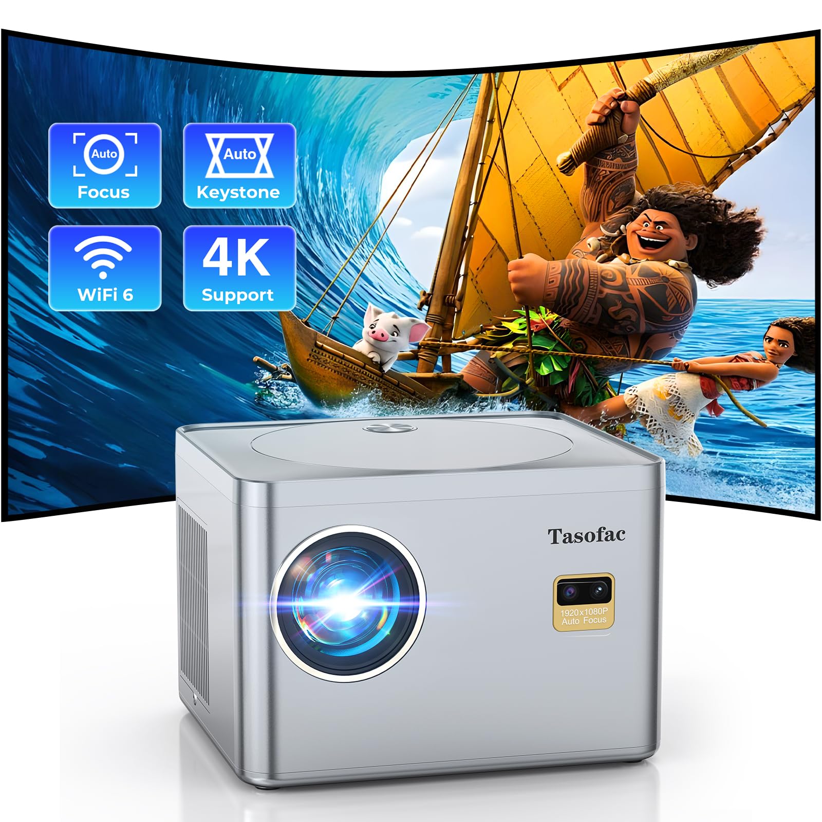 پروژکتور Tasofac 4K با فوکوس خودکار / اصلاح تراپزوئیدال: 700 ANSI نیتیو 1080P FHD WiFi Bluetooth پروژکتور خارجی، اتومبیل 6D / 4P کی‌استون 50٪ زوم پروژکتور 4K سینمای خانگی، پروژکتور کوچک برای تلویزیون 700 ANSI