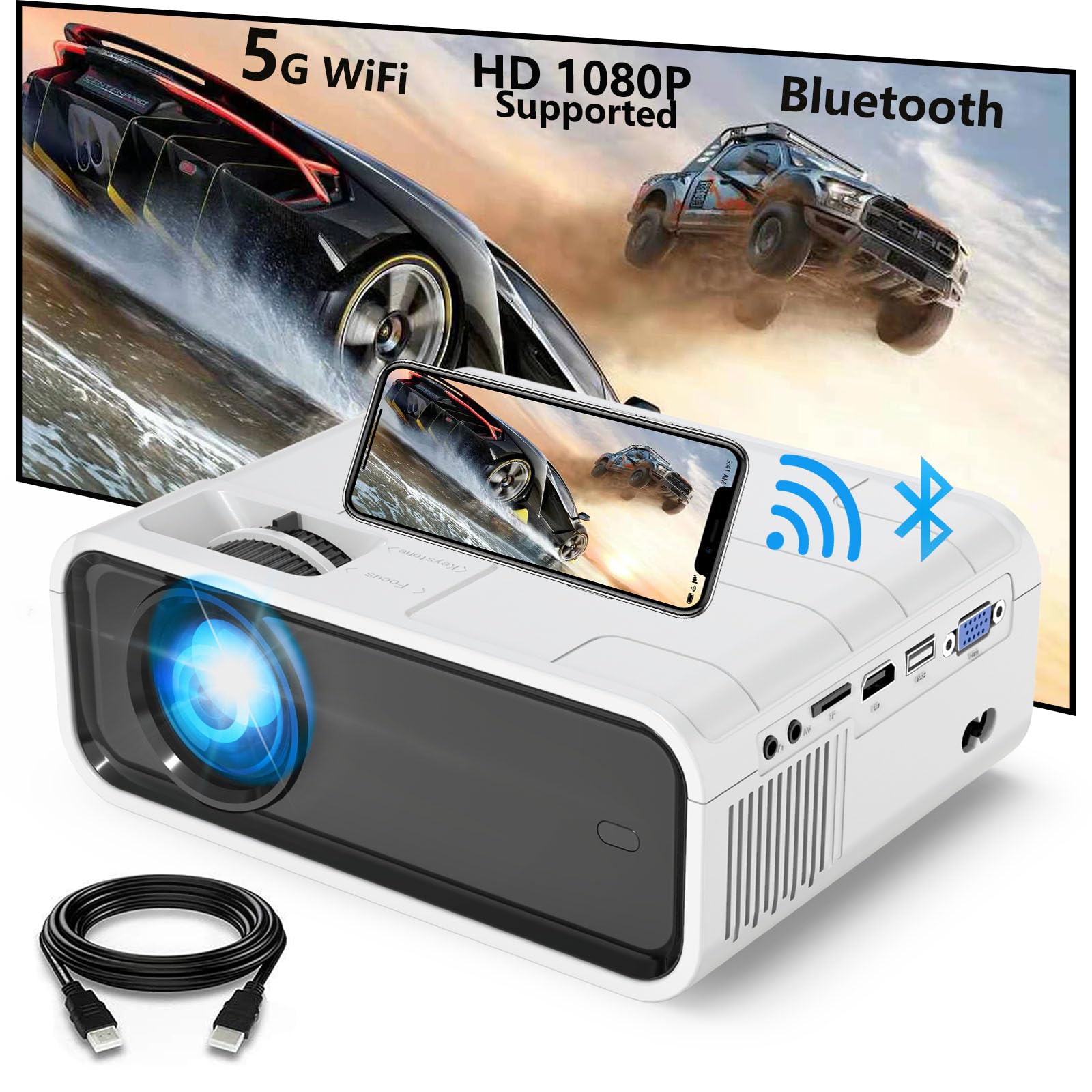 پروژکتور ویدیویی جدید Fun Lites با وای فای 5G و بلوتوث، پشتیبانی از HD 1080P، پروژکتور فیلم قابل حمل سازگار با TV Stick/HDMI/USB/PS5/iOS/Android