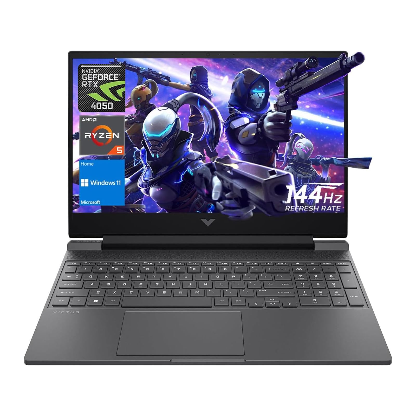 لپ تاپ بازی HP Victus، صفحه نمایش 15.6 اینچی FHD 144Hz، AMD Ryzen 5 8645HS، 16GB RAM DDR5، 1TB SSD، NVIDIA GeForce RTX 4050 (6GB GDDR6)، HDMI، وبکم، صفحه کلید با نور پس زمینه، Wi-Fi 6، ویندوز 11 Home، رنگ نقره‌ای میکا