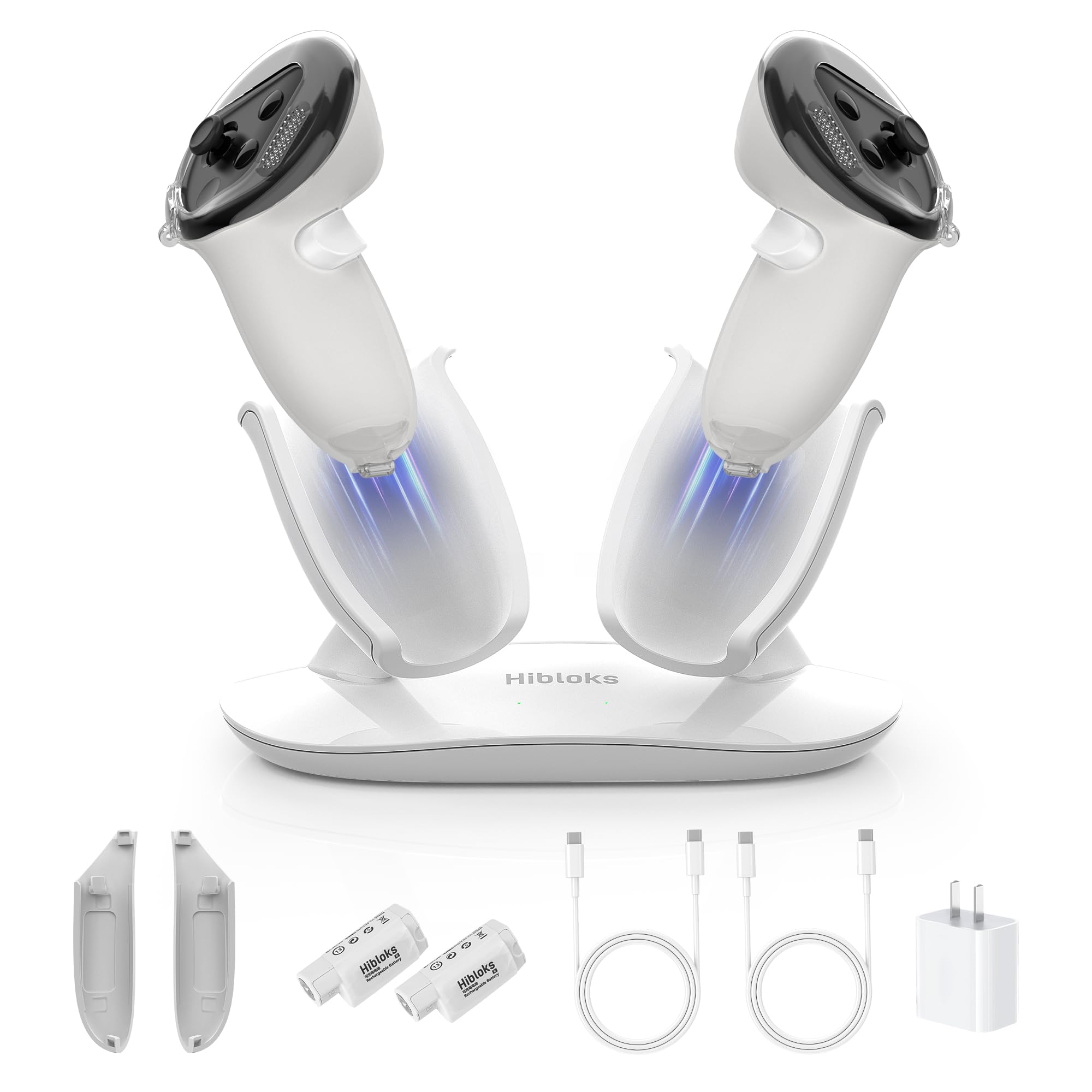 محل شارژ کردن Rcstyle برای Meta Quest 3S/Quest 3، ایستگاه شارژ بی‌سیم مغناطیسی Oculus Quest 3 برای کنترلر با آداپتور شارژ 20 وات سریع و 2 باتری قابل شارژ و 2 کابل USB-C