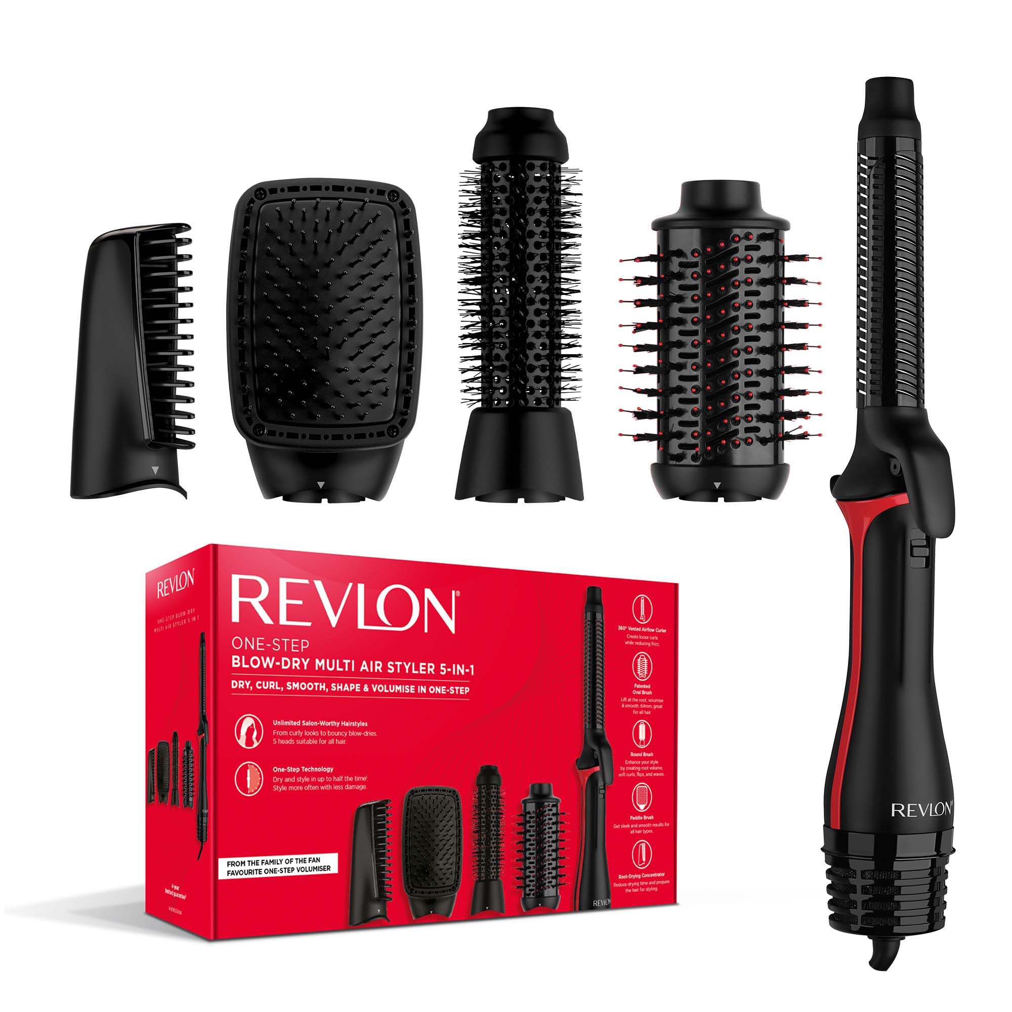پردازش هوای چند قدمی بادی ۵ در ۱ REVLON One-StepTM (سرهای قابل جداشدن، رولر، خشک کن، حجم دهنده، استایلر و افزایش دهنده شکل). RVDR5370 | سرهای قابل جداشدن، پیوست ولوم دهنده، خشک کن، استایلر، شکل دهنده ۵ در ۱ استایلر چند منظوره