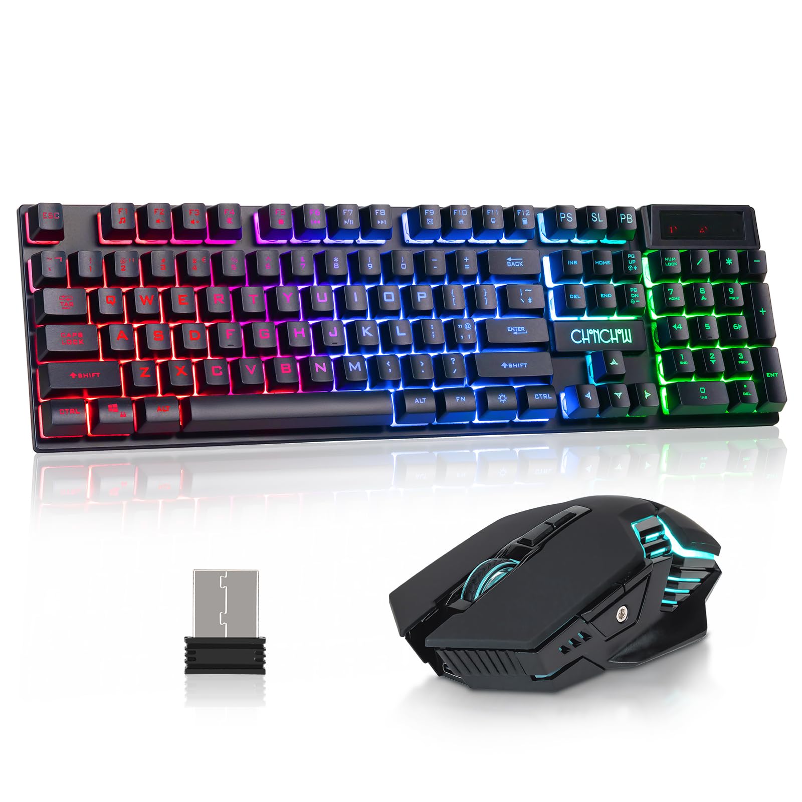 صفحه کلید و موس بی‌سیم CHONCHOW Gaming Combo با نور پس‌زمینه LED، حس مکانیکی ارگونومیک، 19 کلید ضد فانتوم، باتری قابل شارژ 2500 میلی آمپر ساعت، موس 7D 3600DPI برای گیمرهای کامپیوتری، رنگ مشکی