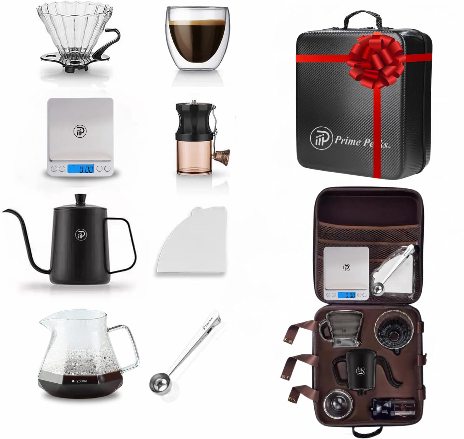 سرگرمی‌های اولیه | مجموعه قهوه پختن V60 Pour Over - ست قهوه‌ساز قابل حمل با قوری، ترازو، لیوان دو جداره، سرور شیشه‌ای، آسیاب دستی، 100 تا فیلتر، کیت قهوه‌سازی سفر، مجموعه هدیه قهوه، هدیه عاشق قهوه