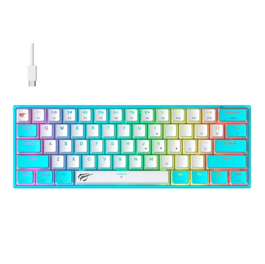 صفحه کلید بازی هویت KB877L بافت ممبرین، آبی و سفید - 61 کلید RGB Backlit با کلیدهای چندرسانه ای، USB-C باسیم KB877L آبی و سفید