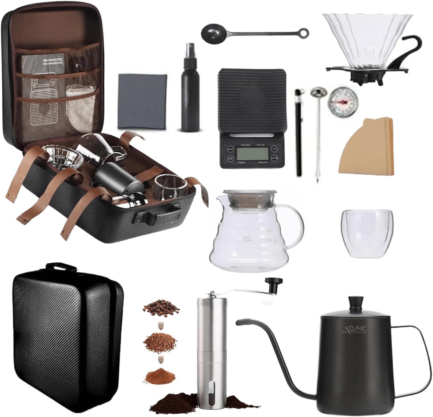 اداک 12 در 1 V60 کیت قهوه | قهوه ساز Pour Over | شامل ترازو قهوه، نوشیدنی گیر لیوانی، آسیاب دستی، قوری ریختن، فیلتر کاغذی و دو لیوان پریمیوم