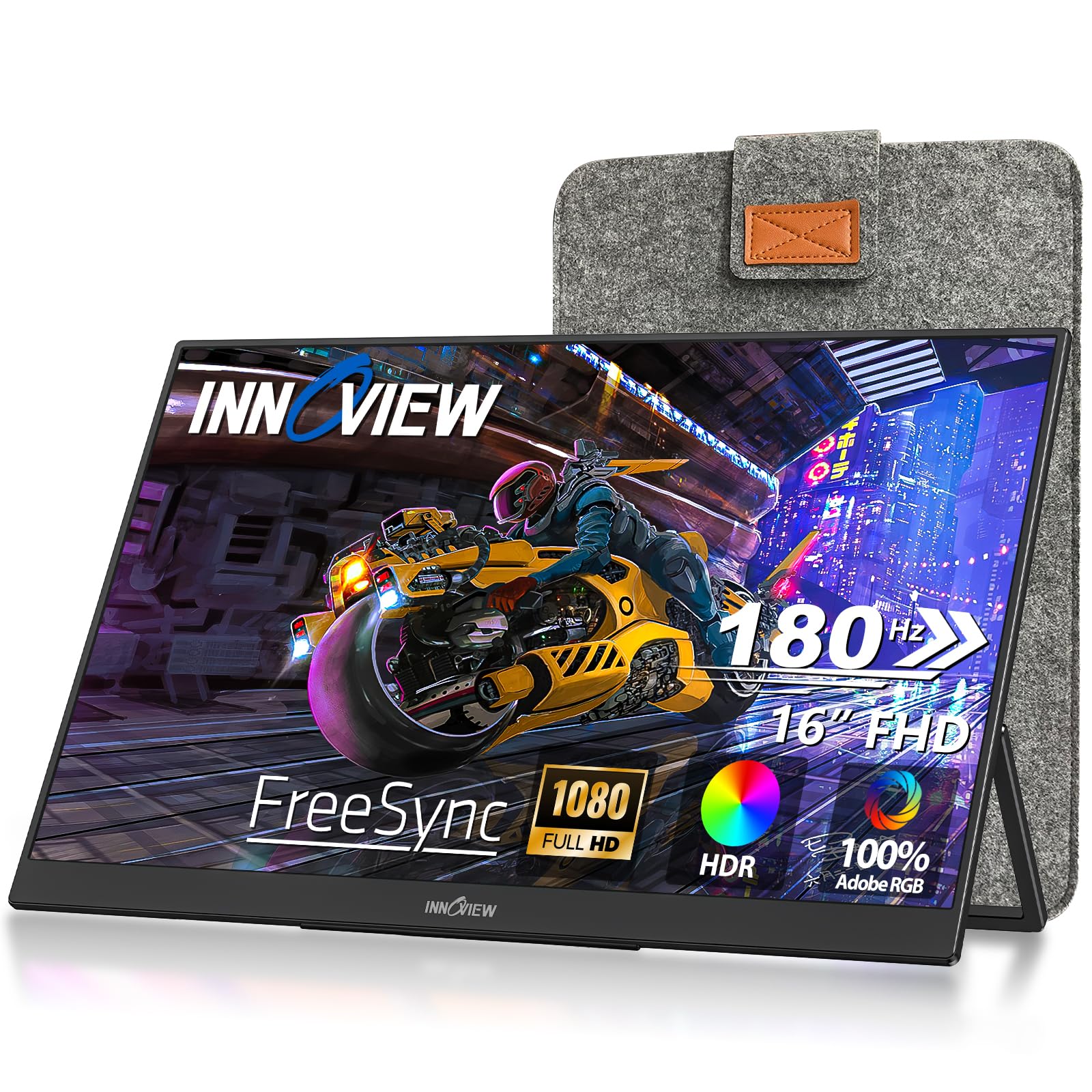 صفحه نمایش قابل حمل InnoView، 16 اینچ 1080P FHD 180Hz 100% sRGB، صفحه نمایش قابل حمل با کیف، پورت USB-C Mini HDMI برای لپتاپ، تلفن همراه، MacBook، تبلت، PS4/5، Switch، Xbox بدون تاچ اسکرین