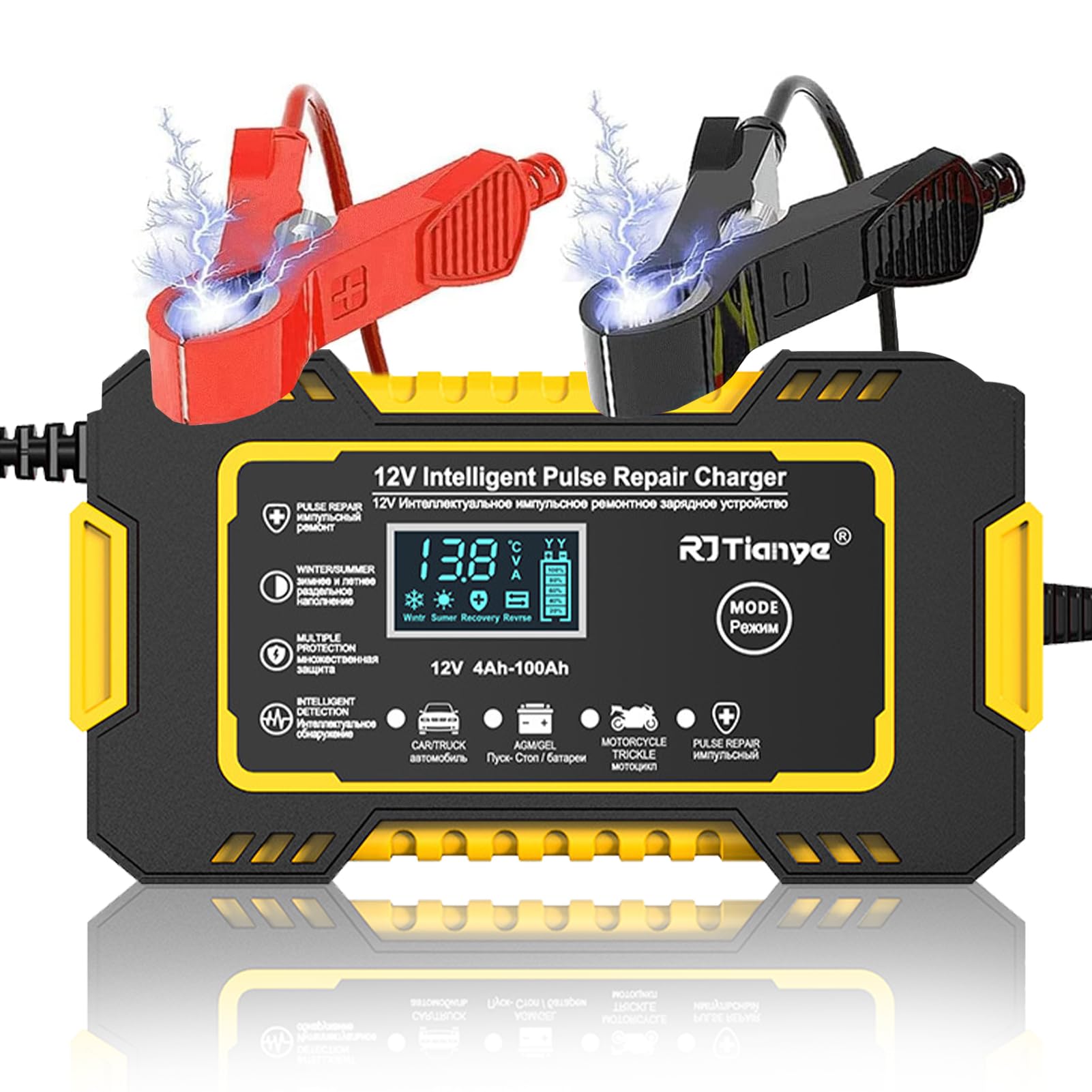شارژر باطری خودرو، شارژر باطری هوشمند و خودکار با صفحه نمایش دیجیتال LCD، شارژر تعمیر کننده پالس الکتریکی موتورسیکلت برای خودرو، کامیون، ماشین کنسرو و اُنهای سواری 12 ولتی / 6 آمپر باطری اسید سربی زرد