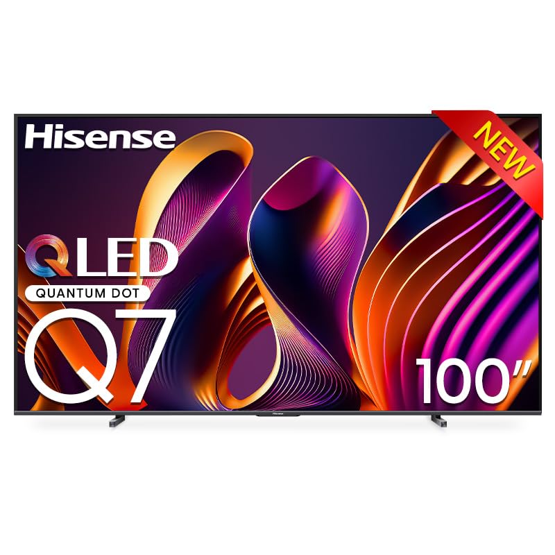 تلویزیون هایسنس 100 اینچ 4K با فناوری QLED، با نرخ تازه‌سازی 144Hz، صدای فضایی Dolby Atmos، پشتیبانی از HDR و VRR PRO، Full Array Local Dimming، Dolby Vision، فری‌سینک، ساب ووفر، و قابلیت دسترسی به یوتیوب، نتفلیکس، دیزنی+، و شاهد. دارای ۲ سال گارانتی Q7N.
