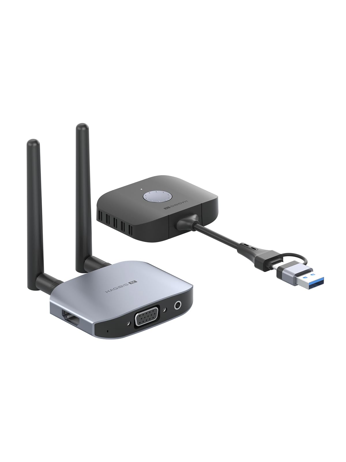 ترجمه: 
کیت‌های تقویت کننده گیرنده و فرستنده HDMI بی‌سیم Hagibis Dual USB A & USB C، 1080P@60Hz، 164 پا (حدود ۵۰ متر)، 5GHz، برای لپ‌تاپ، کامپیوتر شخصی، نتفلیکس، پلی‌استیشن ۴/۵، تلویزیون و پروژکتور.