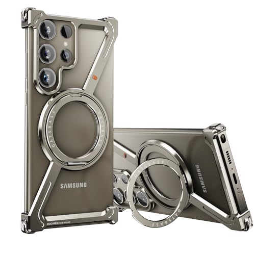 کیس گوشی مینیمالیست DISXKAER سازگار با Samsung Galaxy S24 Ultra، دارای پایه چرخشی 360 درجه و قاب فلزی بدون قاب طراحی آلومینیوم، کیس محافظ با پوشش ضدضربه (تیتانیوم طبیعی)