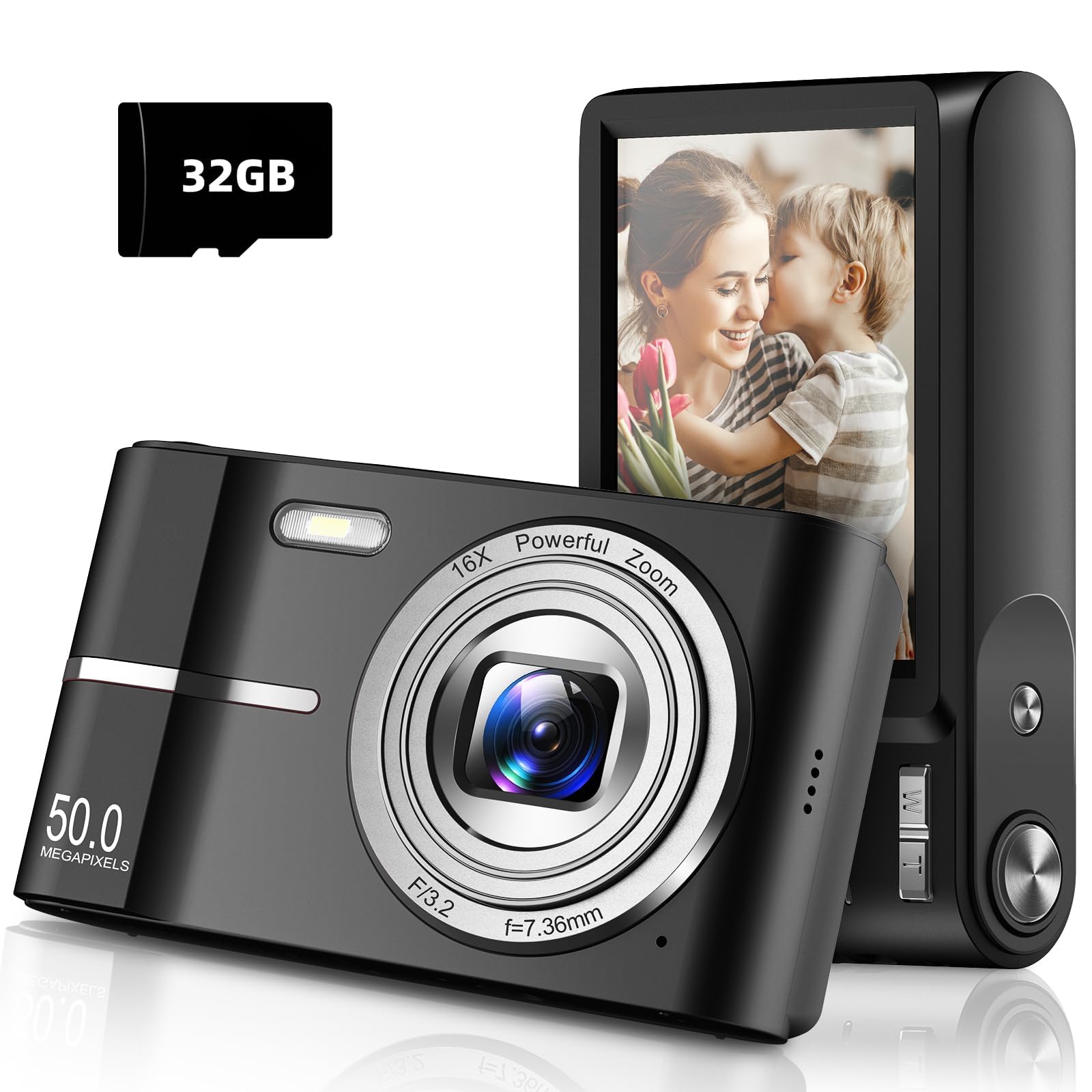 ارتقاء دوربین دیجیتال YOUWE7، فوکوس خودکار 50 مگاپیکسل FHD 1080P برای کودکان با زوم 16 برابرضد لرزش، فشرده برای دختر بچه دانش‌آموز نوجوان پسر، کارت حافظه 32 گیگابایتی به همراه (مشکی)