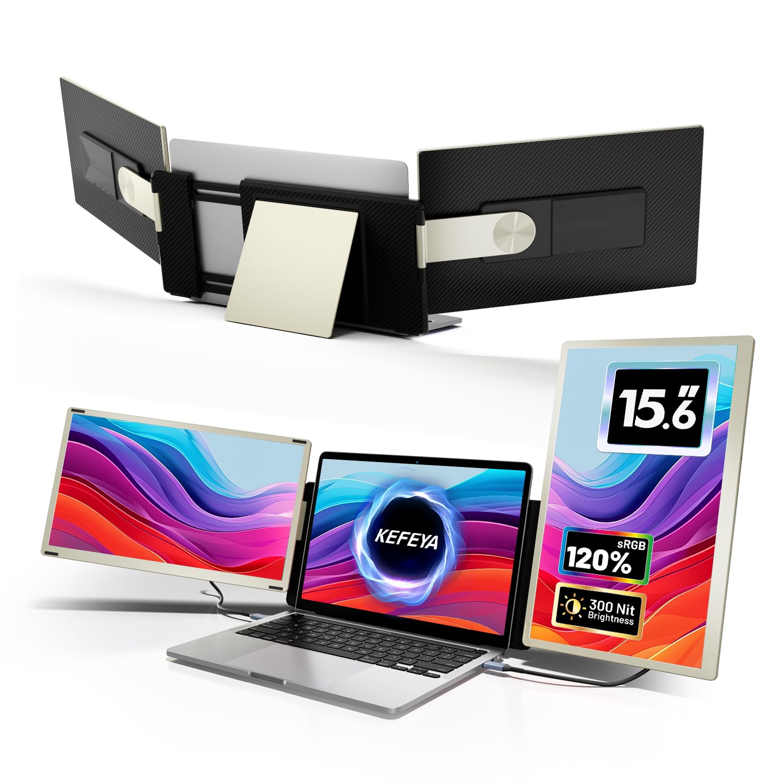 صفحه نمایش لپ تاپ KEFEYA Laptop Screen Extender، مانیتور قابل حمل 15.6 اینچی برای لپ تاپ با 120٪ sRGB، FHD IPS و هاب USB به HDMI و چرخش 235 درجه، گسترش دهنده سه گانه مانیتور پلاگ اند پلی که برای تمام لپ تاپ‌ها (مک/ویندوز/اندروید) مناسب است. Triple-15.6