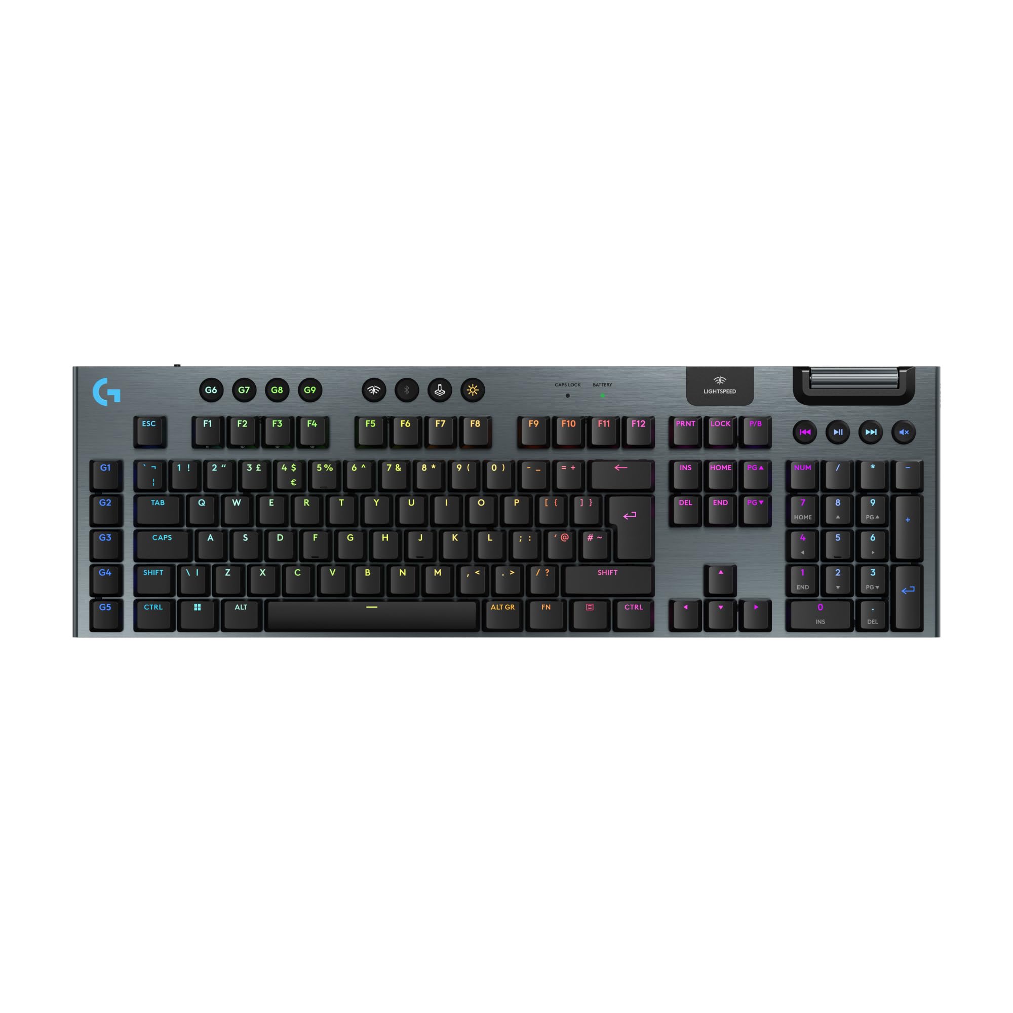 صفحه کلید بازی بی‌سیم Logitech G915 X LIGHTSPEED، دو لایه PBT Keycaps، کلیدهای کاملا قابل برنامه‌ریزی، نور پس‌زمینه RGB، پوشش آلومینیومی شفاف، سوئیچ‌های GL Brown Tactile-PC / Mac-Black G915 X LS Black Tactile