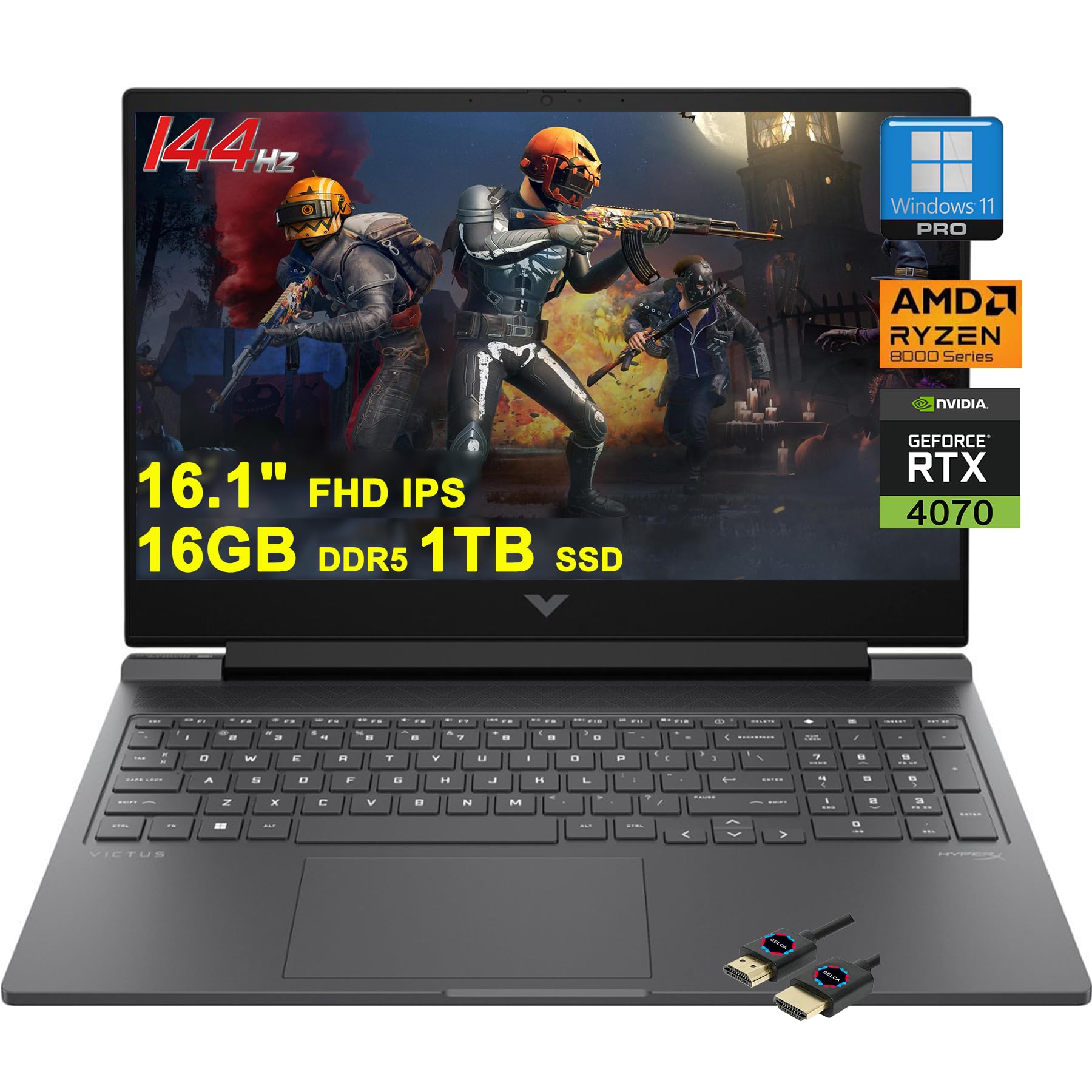 لپ‌تاپ بازی HP Victus 16 | صفحه نمایش 16.1 اینچ FHD 144Hz | پردازنده AMD 8 هسته‌ای Zen 4 Ryzen 7 8845HS (قوی‌تر از i7-12700H) | 16GB DDR5 1TB SSD | گرافیک GeForce RTX 4070 | دوربین پرایوسی FHD USB-C دارای نور پس‌زمینه | ویندوز 11 پرو + کابل HDMI
