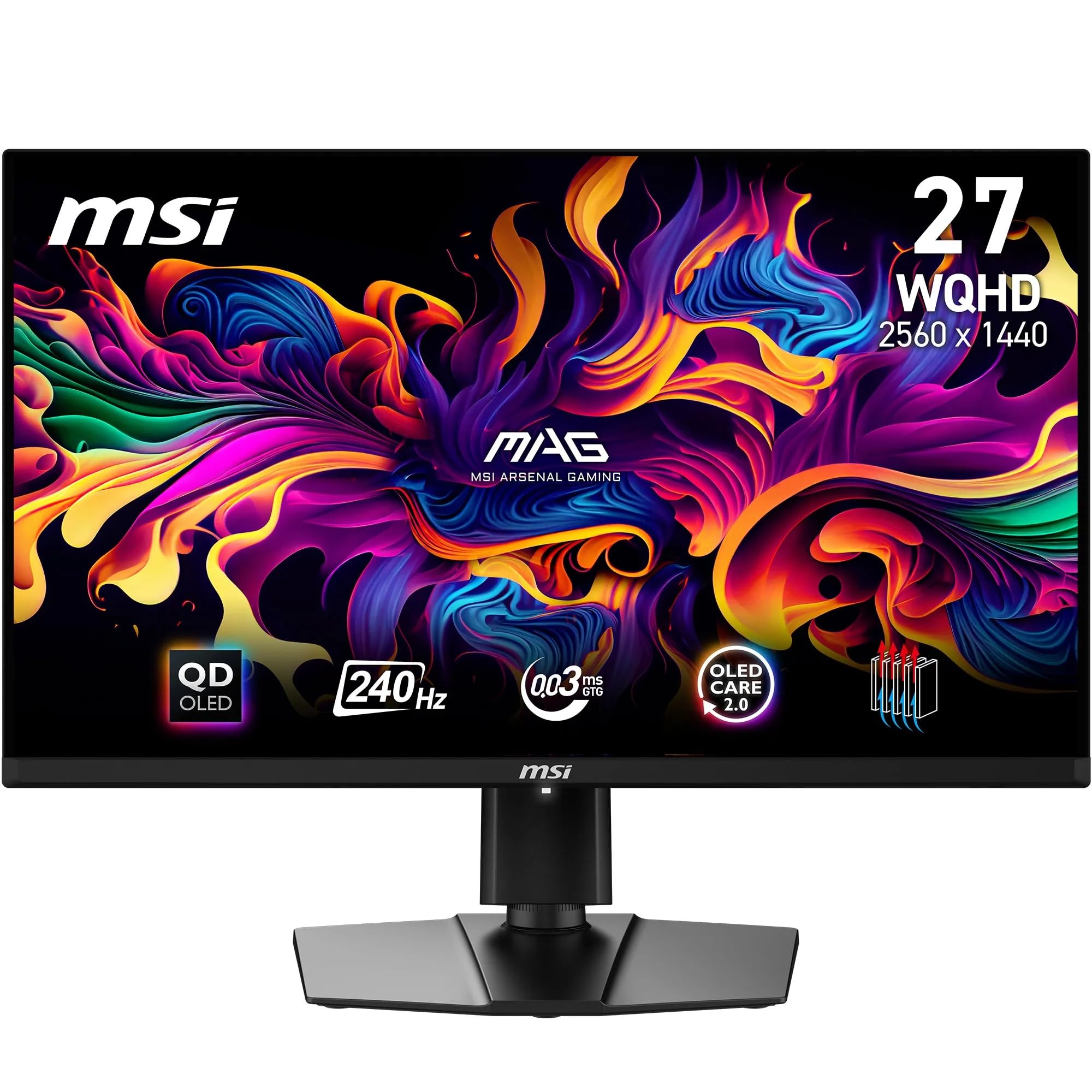صفحه نمایش بازی MSI MAG 271QPX QD-OLED E2 اندازه 26.5 اینچ با وضوح WQHD - 2560 x 1440 کوانتوم دات اولد، 240Hz / 0.03ms، 99٪ DCI-P3، ΔE≤2، DisplayHDR True Black 400 - DP 1.4a، HDMI™ 2.1، USB Type-C