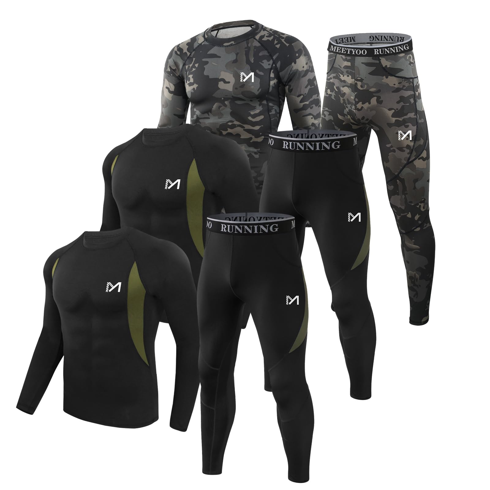 MEETYOO Thermal Underwear for Men, Winter Gear Long Johns Base Layer Top and Bottom Set for Skiing Running L Black+black+black Camouflage