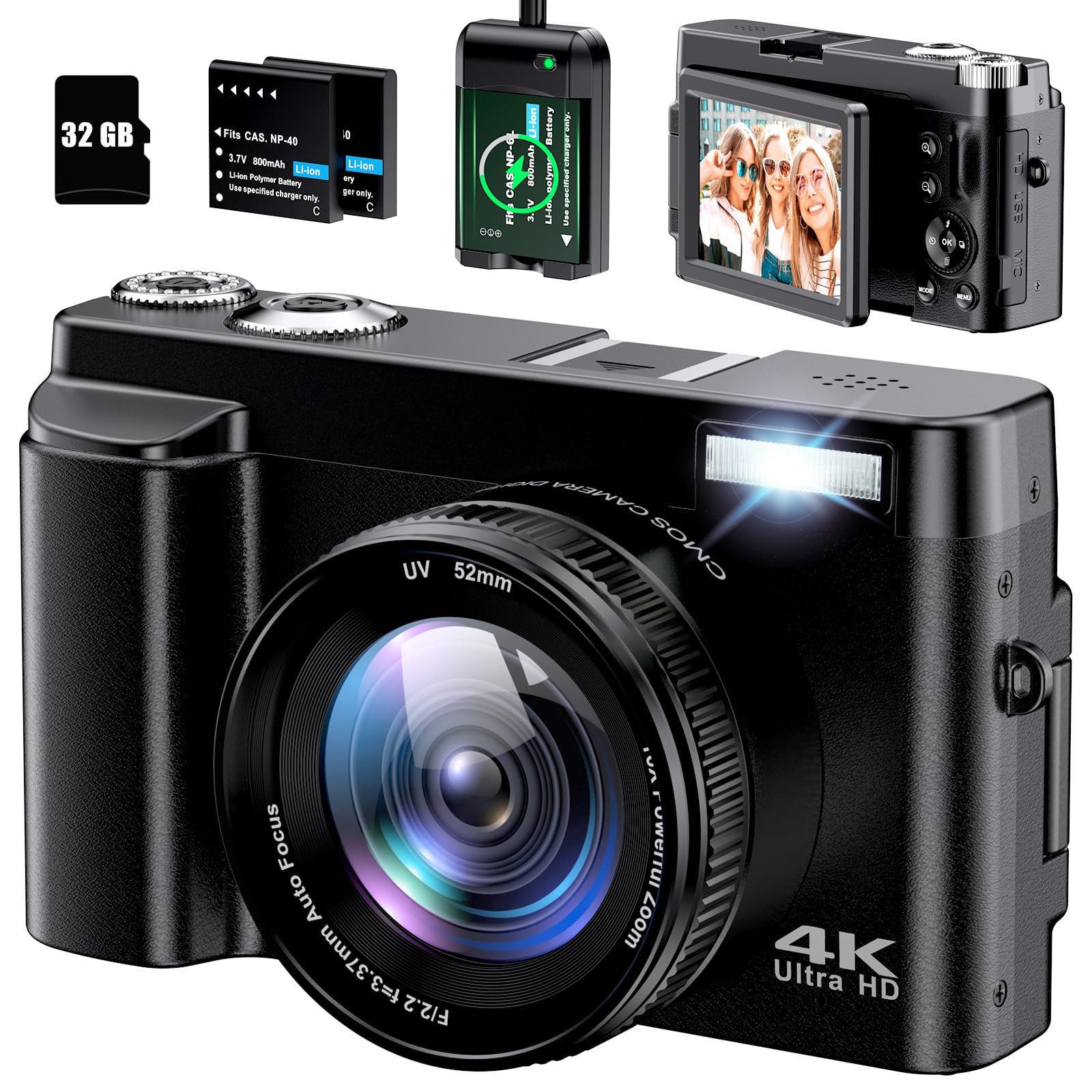 دوربین دیجیتال 4K برای عکاسی با فوکوس خودکار 48 مگاپیکسل همراه با کارت SD، صفحه نمایش 3.0 اینچی 180 درجه برای ولاگینگ ویدیو برای یوتیوب، دوربین کوچک با زوم دیجیتال 16 برابر، ضد لرزش، 2 باتری
