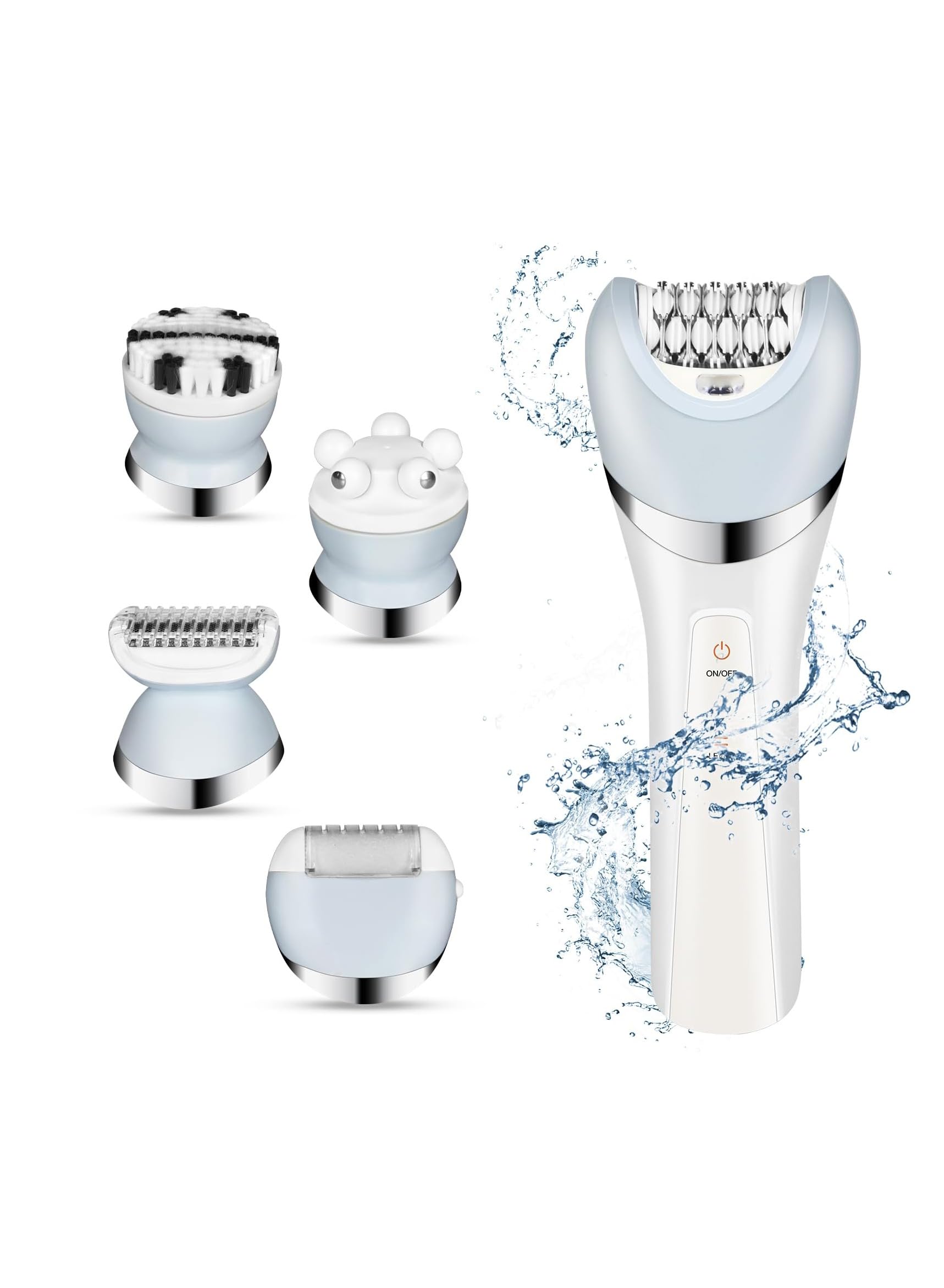 ماشین اپیلاسیون بی‌سیم 5 در 1 Excefore برای زنان - اپیلاسیون قابل شارژ با دو سرعت، چراغ LED، تیغه‌های اصلاح، از بین برنده‌ی موکوبات، ماساژ، سر ریز کننده‌ی پوست صورت