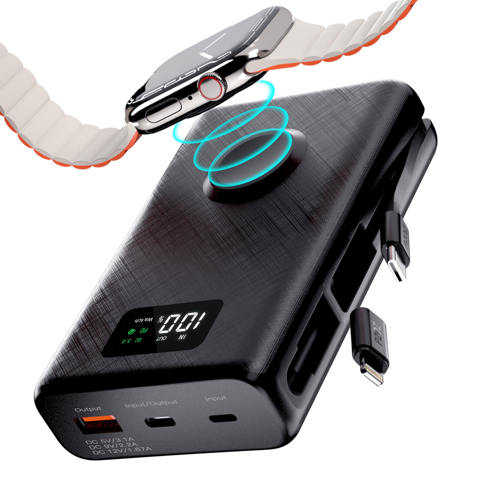 پاور بانک PZOZ 20000 میلی آمپر، شارژر قابل حمل PowerBank با شارژر اپل واچ، شارژر سریع Type C پشتیبانی از شارژدهی قدرتمند PD QC 3.0 برای آیفون 16، 15 پرو مکس سامسونگ و غیره