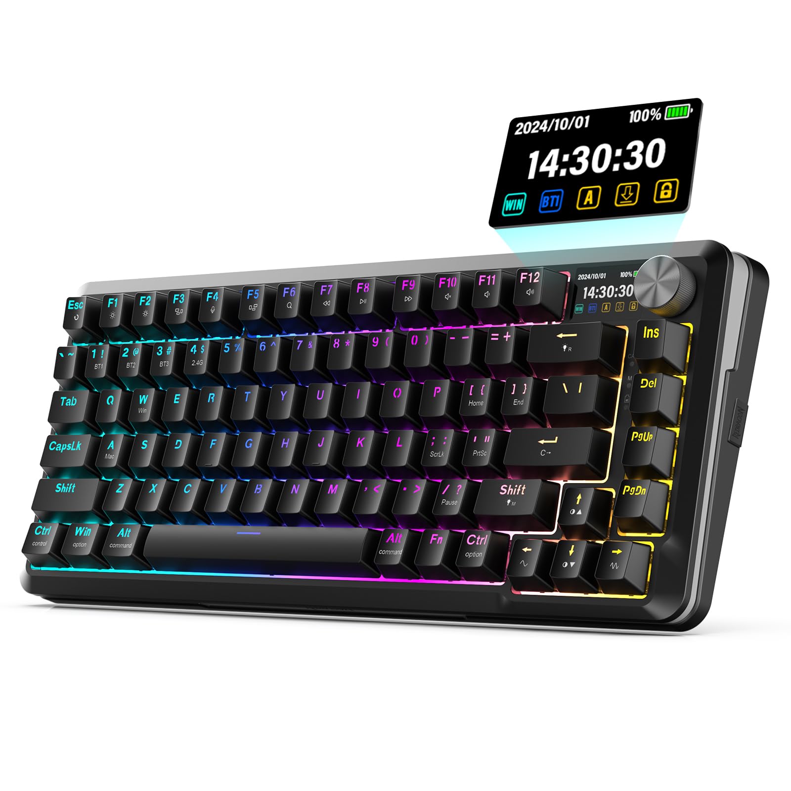 کیبورد مکانیکی بی‌سیم Redragon K708 Pro، کیبورد بازی RGB Gasket با 81 کلید سفارشی قابل برنامه‌ریزی، بلوتوث بی‌سیم با 3 حالت و قابلیت Hot-Swap با سوییچ Leopard L پیش‌خرید شده و با پیش‌لاست لوبریکانت، صفحه نمایش و دستگیره، رنگ مشکی