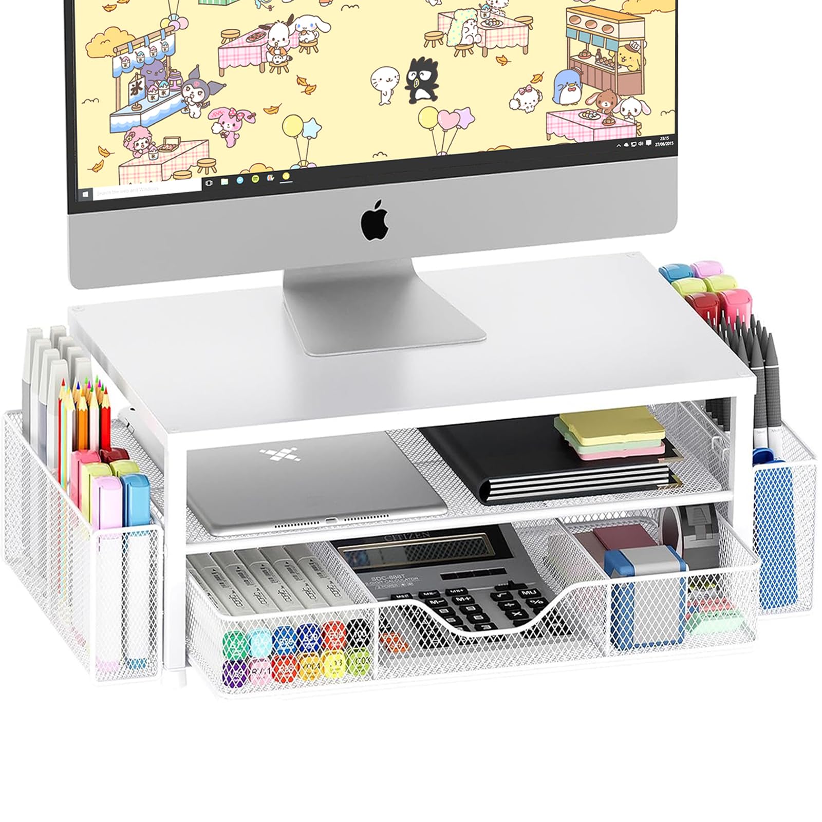OPNICE Desk Organizers and Accessories, 2-Tier Computer Monitor Stand Riser with Drawer and 2 Pen Holders, Office Desk Accessories for Office Supplies, White