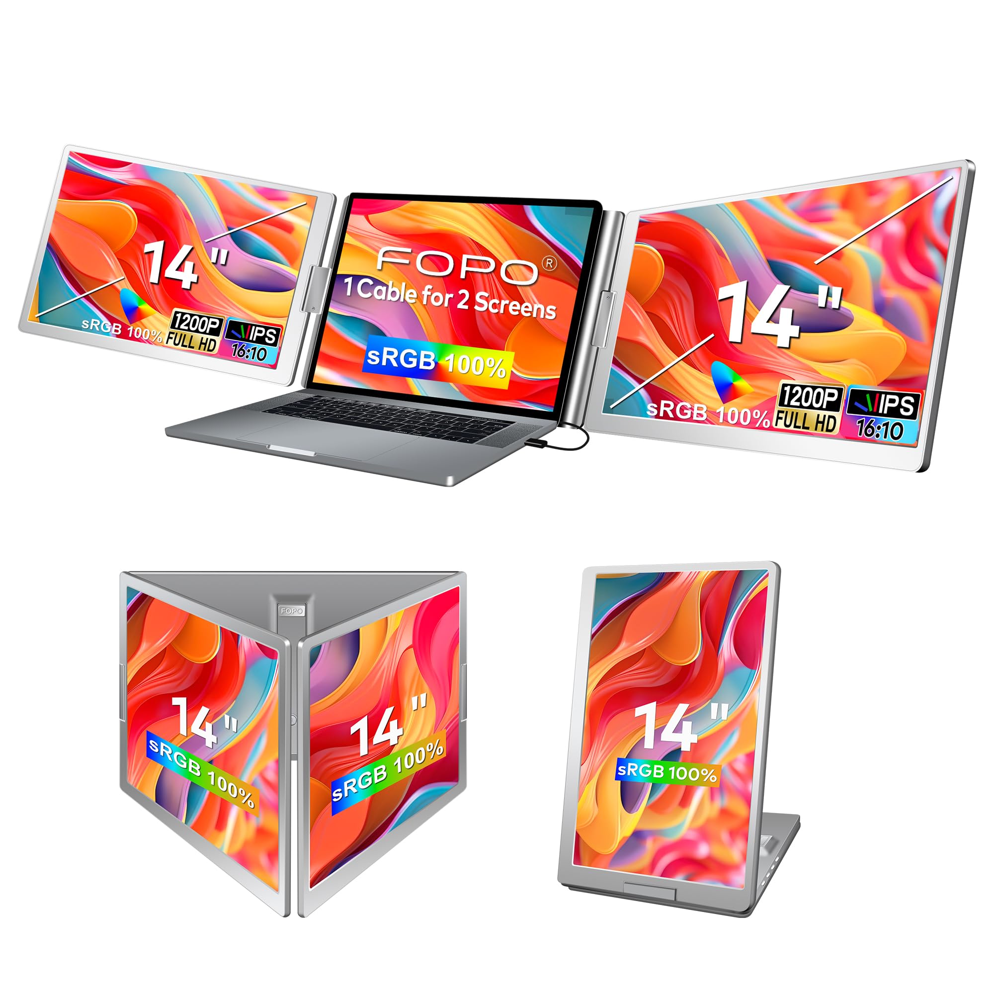 نمایشگر همراه لپ تاپ FOPO 14 اینچ با قابلیت پهنای 3 صفحه نمایش [1 کابل برای دو نمایشگر ] با رزولوشن1080p Full HD چرخان 360 درجه قابل حمل با کاربرد برای لپ تاپ های 13-17 اینچی با پورت USB-C و 2 پورت USB-A (نرم افزارهای MacOS و Windows)