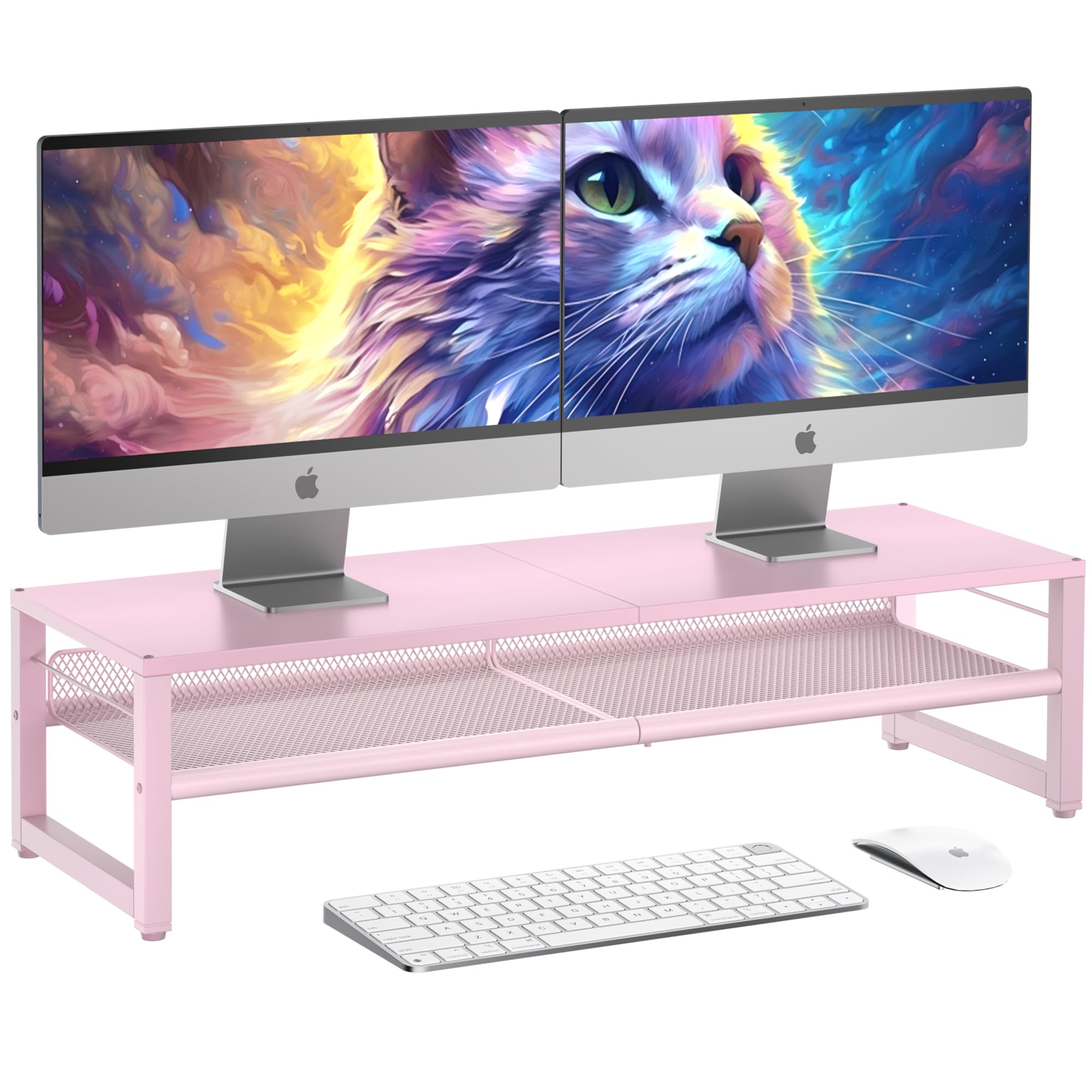 ECOLOVI Desk Organizers and Accessories, Dual Monitor Stand Riser for Desk Organizer, Computer Stand Desk Accessories Workspace Desktop Organizer for Laptop, PC, Computer, Pink