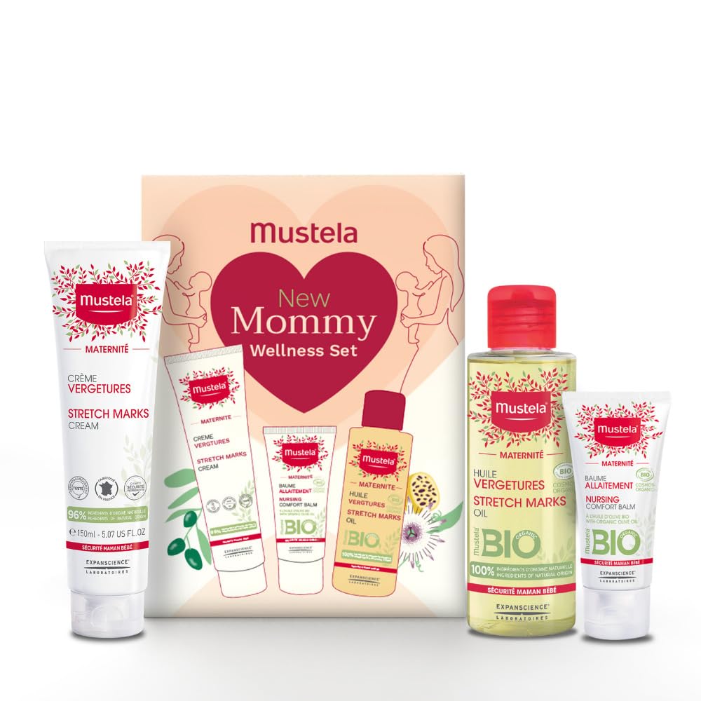 سِت مراقبت از مادر جدید Mustela با بالم آرامش شیردهی ارگانیک 30 میلی‌لیتر، کرم کاهش خطوط رفتگی 150 میلی‌لیتر، روغن کاهش خطوط رفتگی 105 میلی‌لیتر