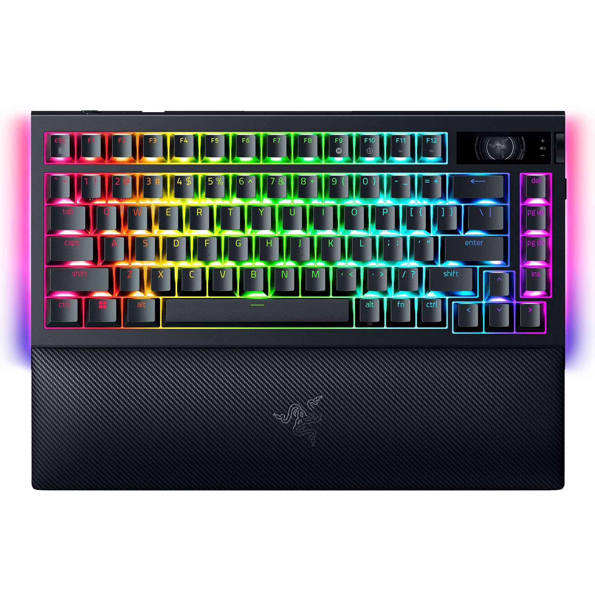 کیبرد بازی بی‌سیم Razer BlackWidow V4 Pro با طرح ۷۵٪ امریکایی، دارای قابلیت جابجایی سریع، بافت واقعی بی‌سیم ۴K هرتز، بلوتوث ۵.۱، صفحه‌نمایش OLED، دیال کنترل Razer - مشکی